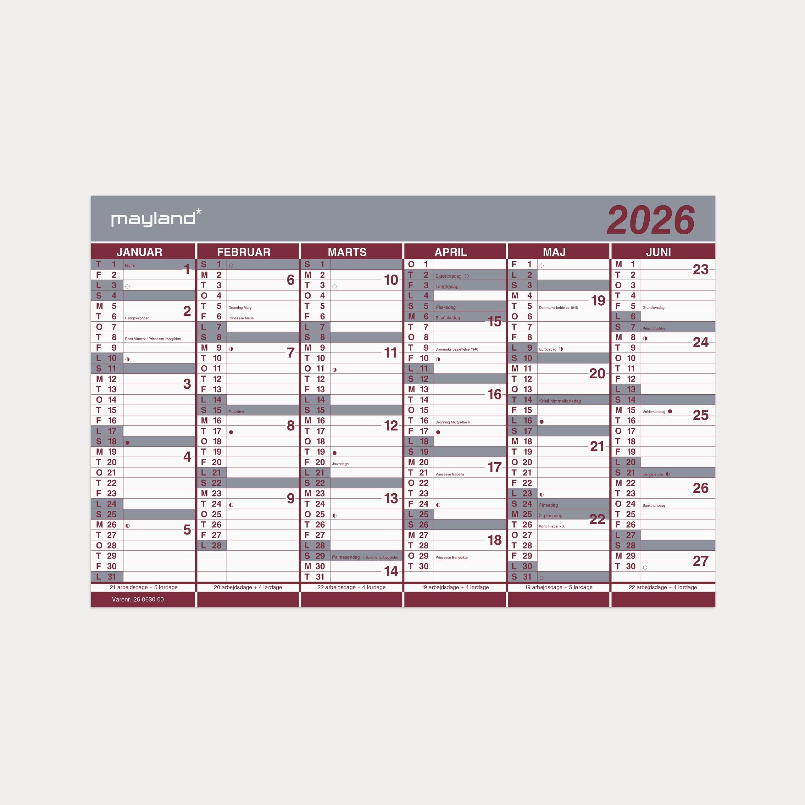 Kontorkalender Dobbelt halvårskalender 2026