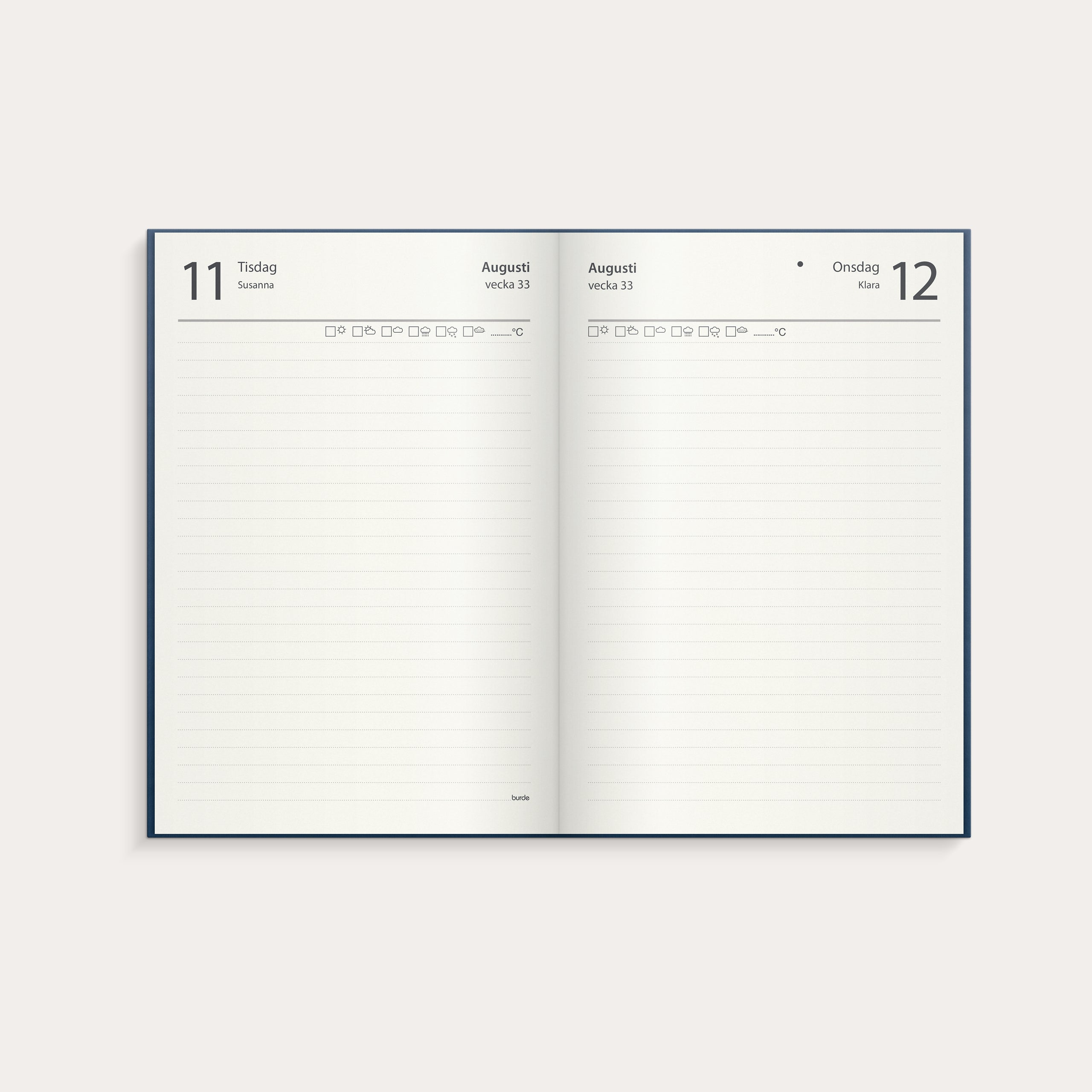 Kalender 2026 1-årsdagbok blått konstläder