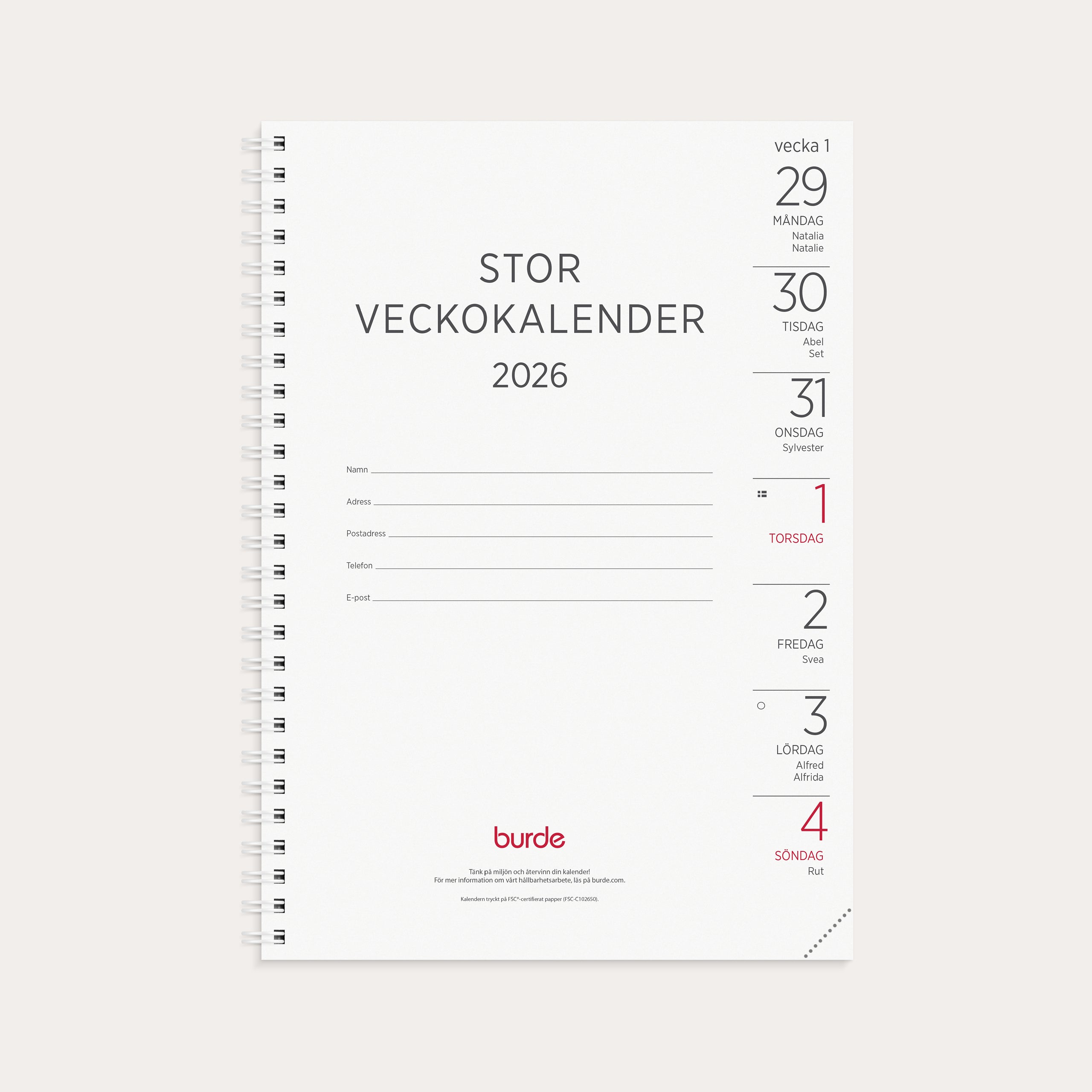 Kalender 2026 Stor Veckokalender refill