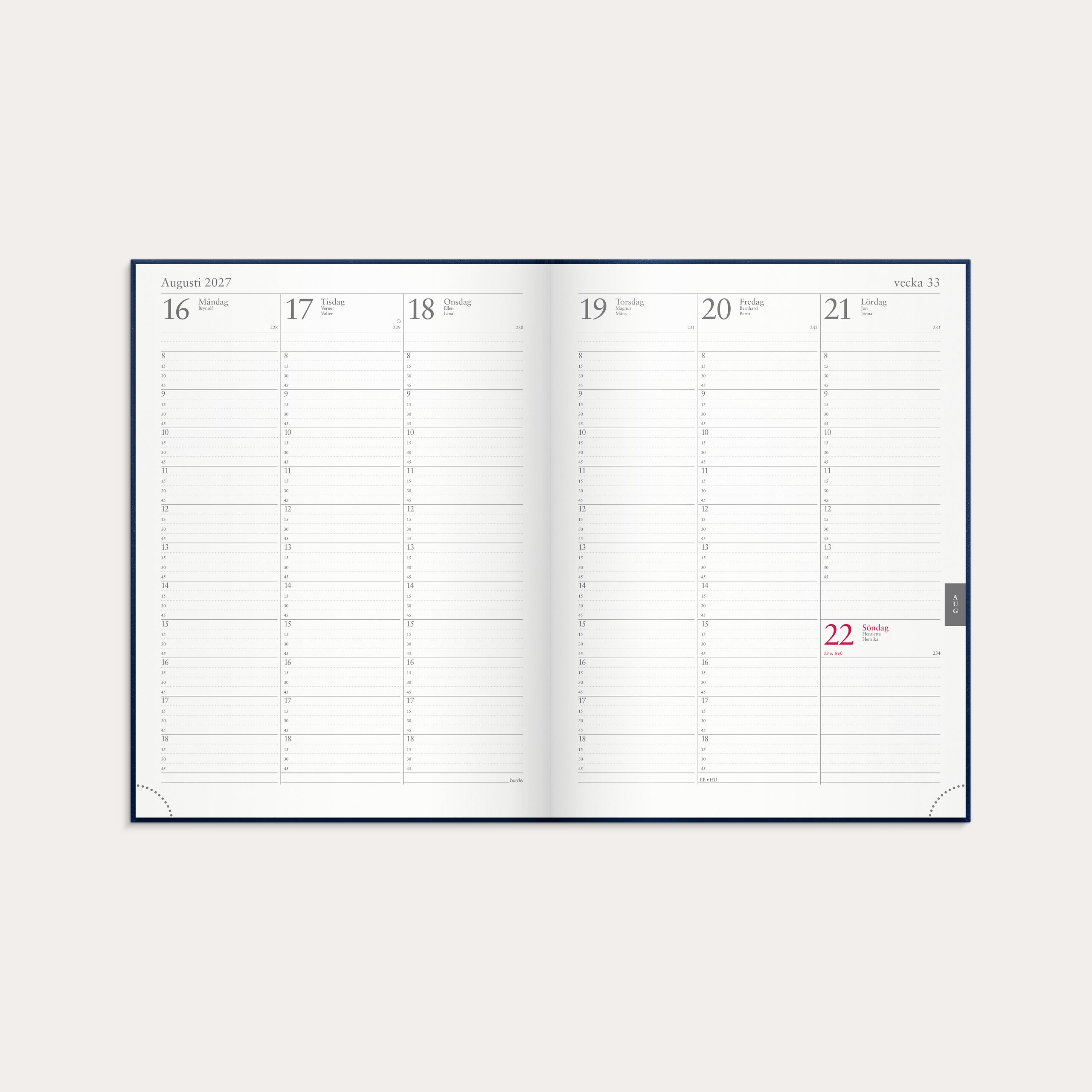 Kalender 2027 Veckojournal blått konstläder