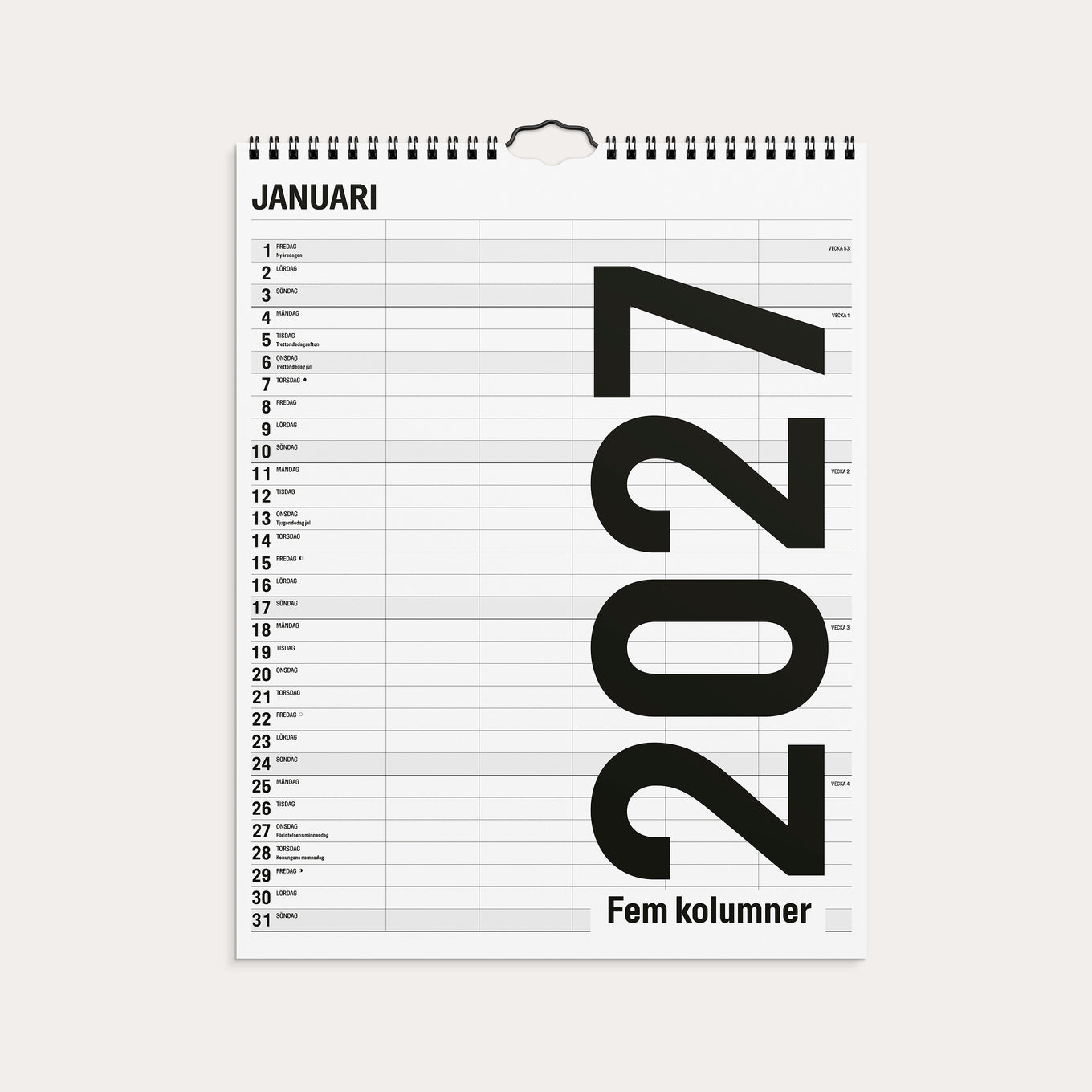 Familjekalender 2027 Black and white 5 kolumner