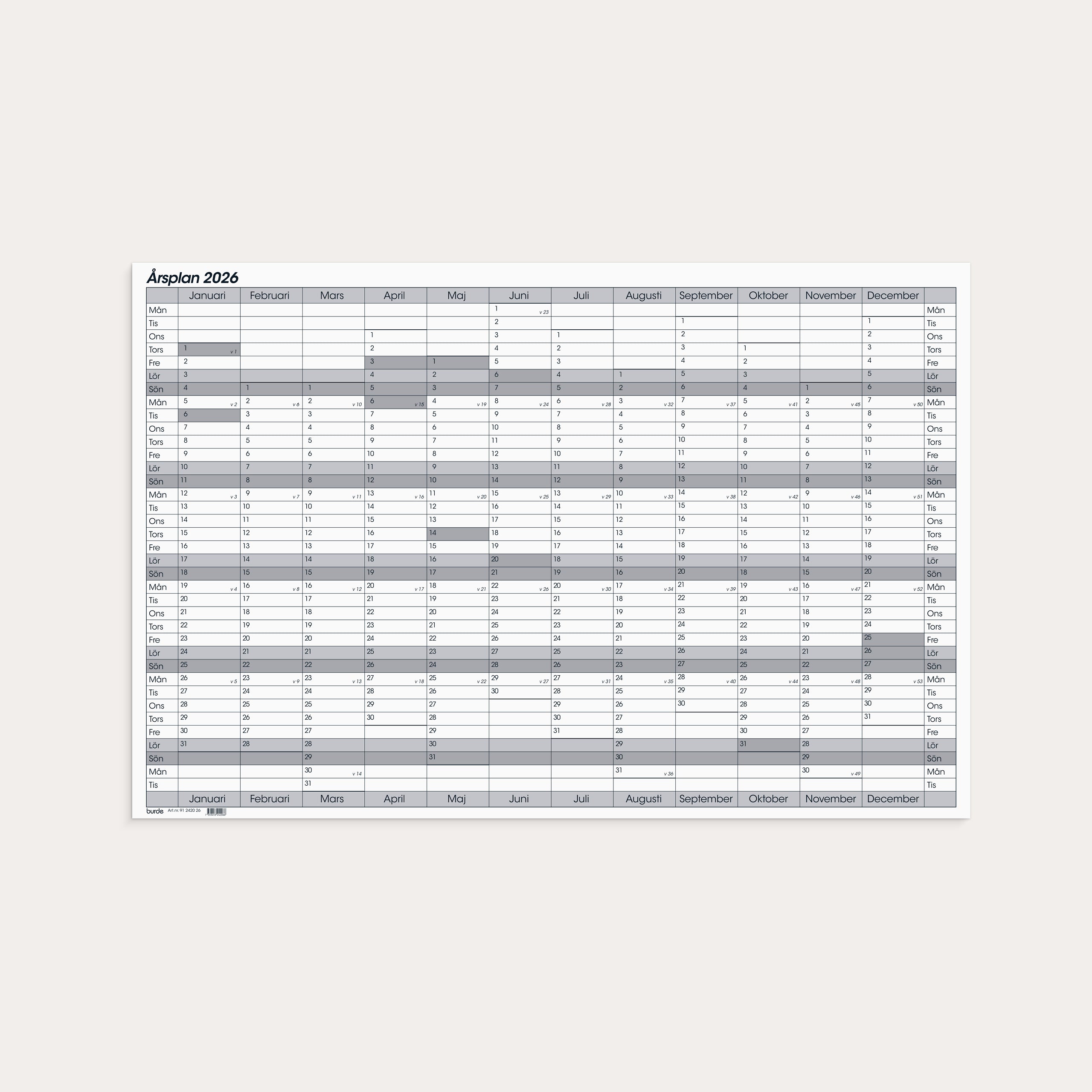 Kalender 2026 Årsplan whiteboard