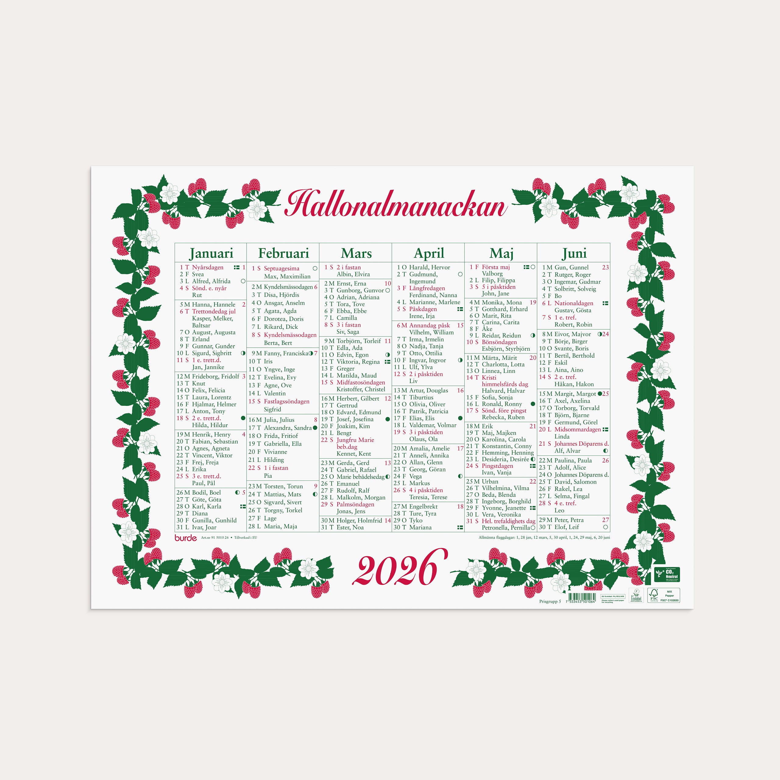 Väggkalender 2026 Stora Hallonalmanackan