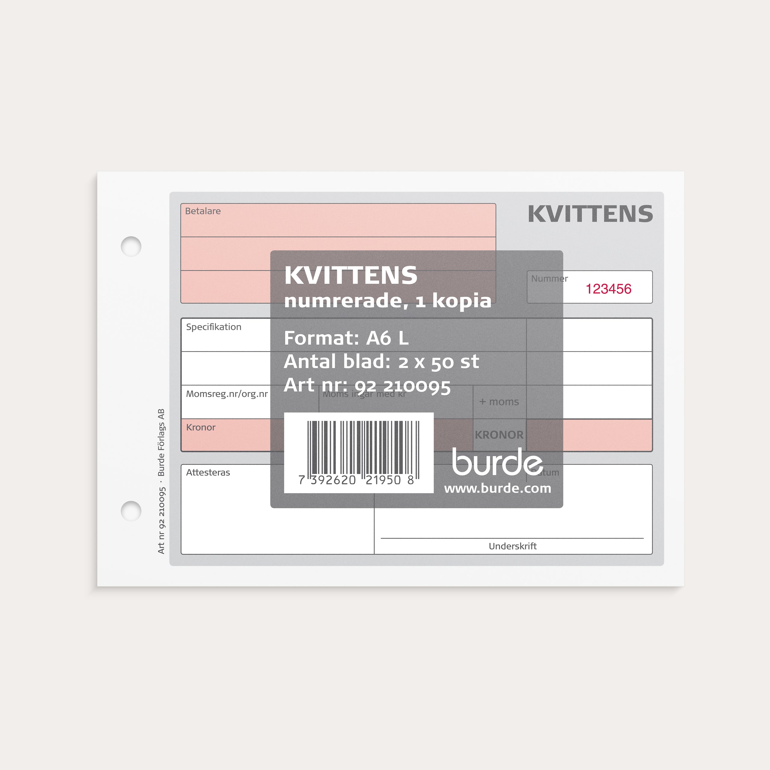 Kvittens A6L med 1 kopia numrerade. 2 x 50 blad