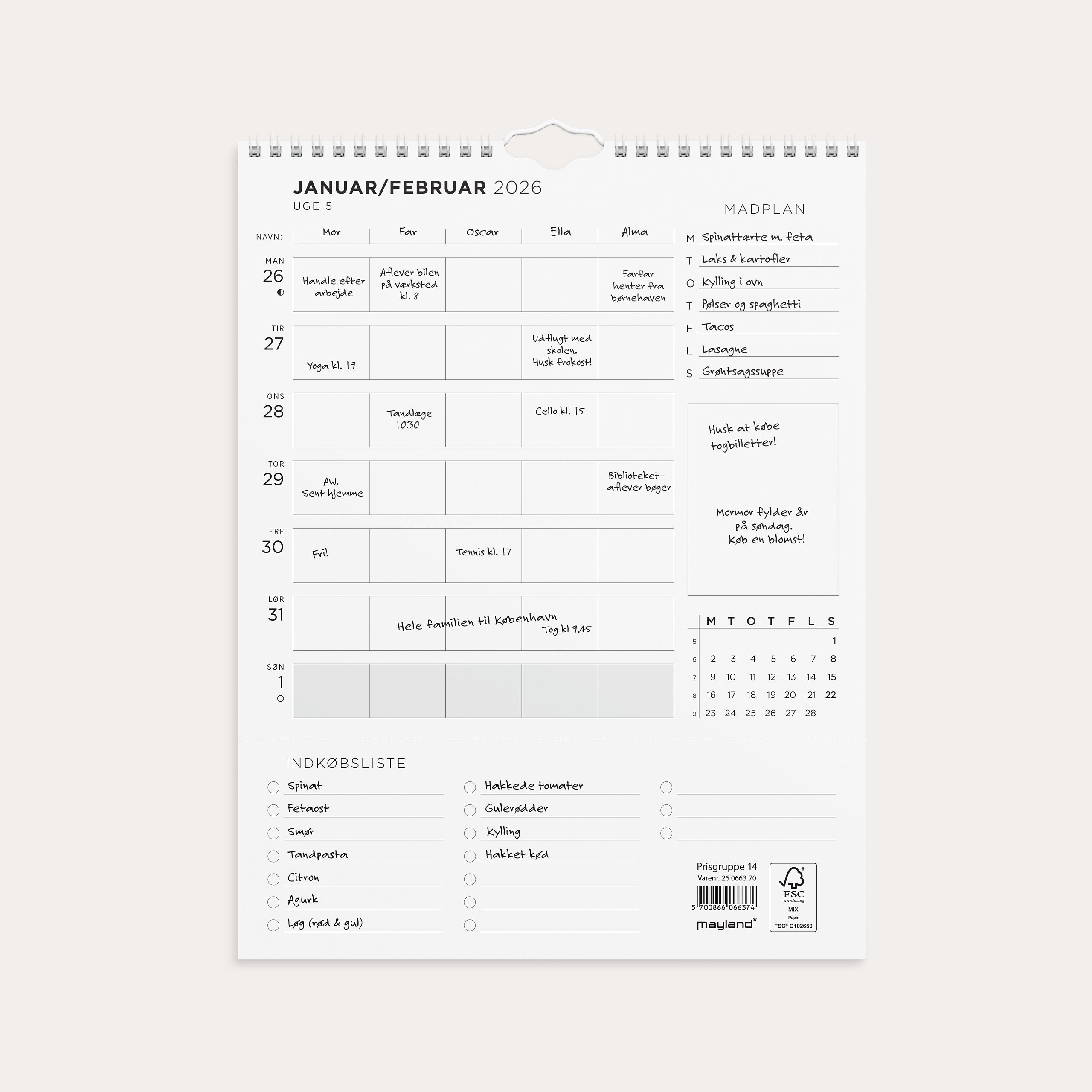 Familiekalender Ugeplan m. lister 2026