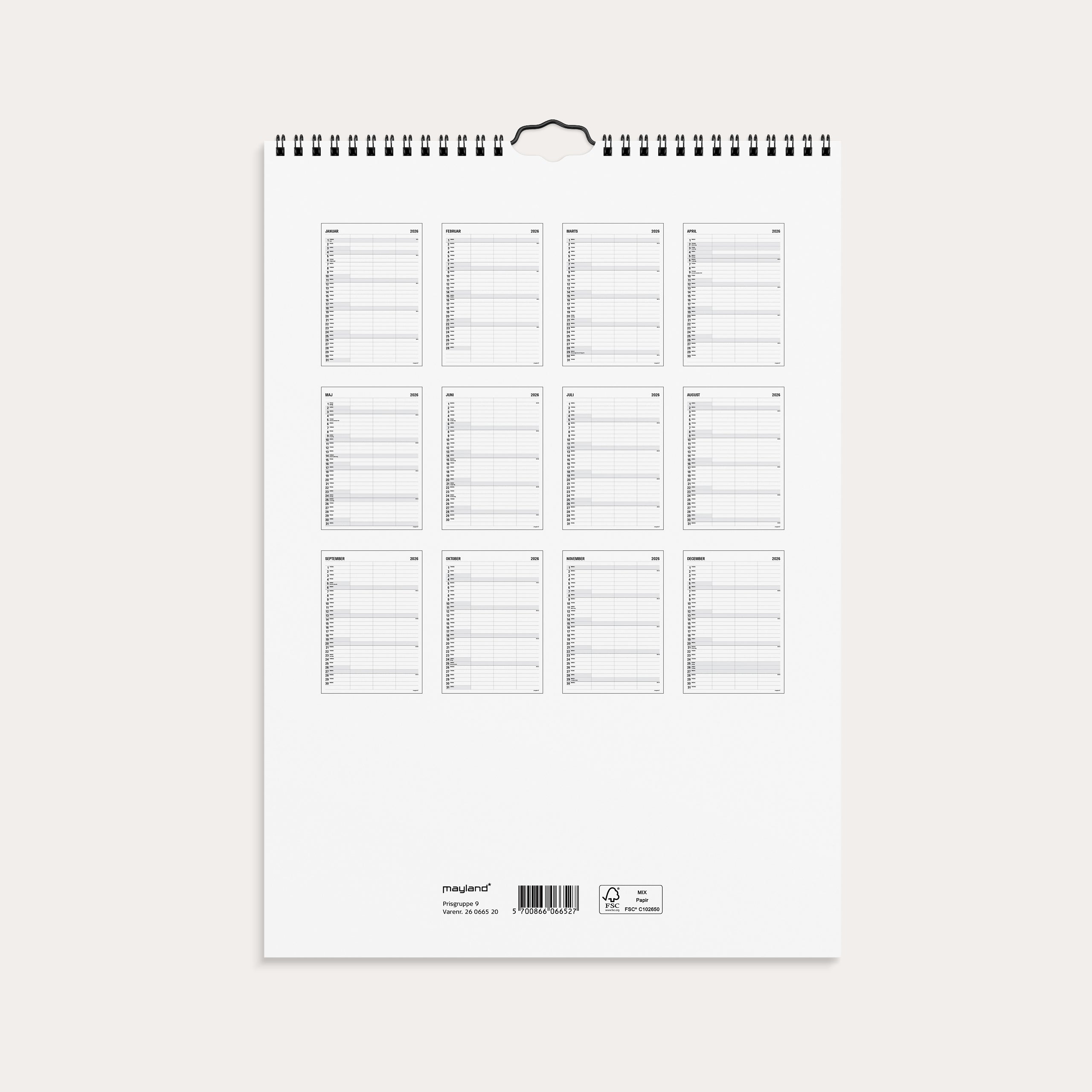 Familiekalender Black and white 3 kol. 2026
