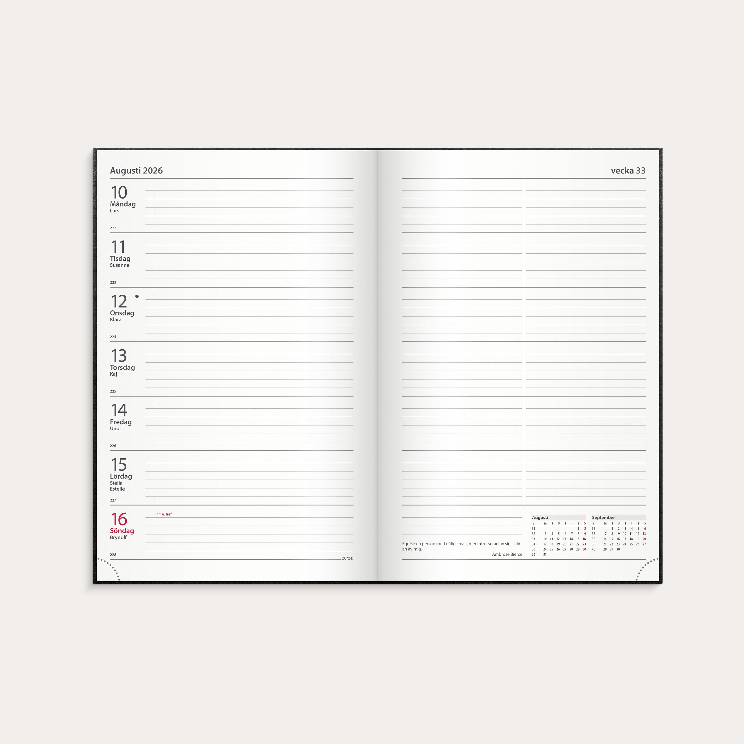 Kontorskalender 2026 svart konstläder