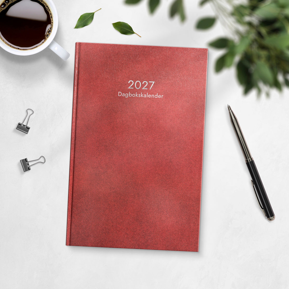 Dagbokskalender 2027 rött konstläder