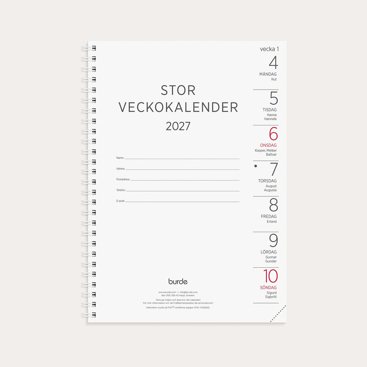 Stor Veckokalender 2027 refill
