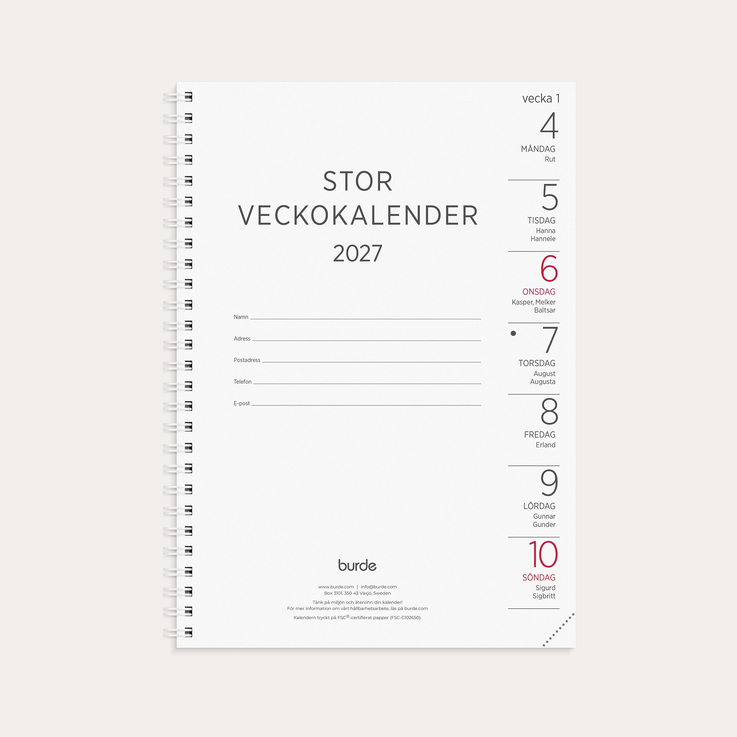 Stor Veckokalender 2027 refill