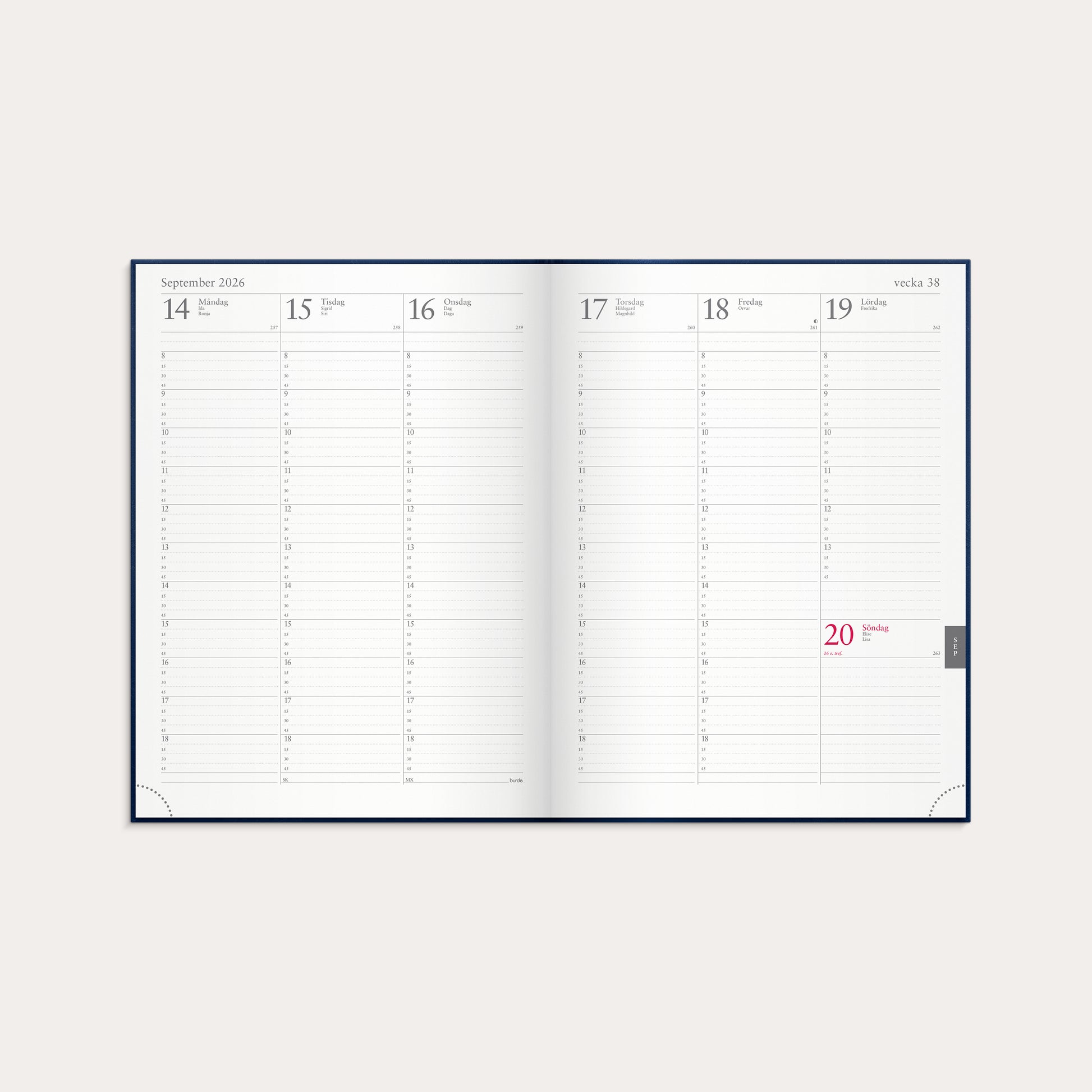 Veckojournal 2026 blått konstläder – detail view