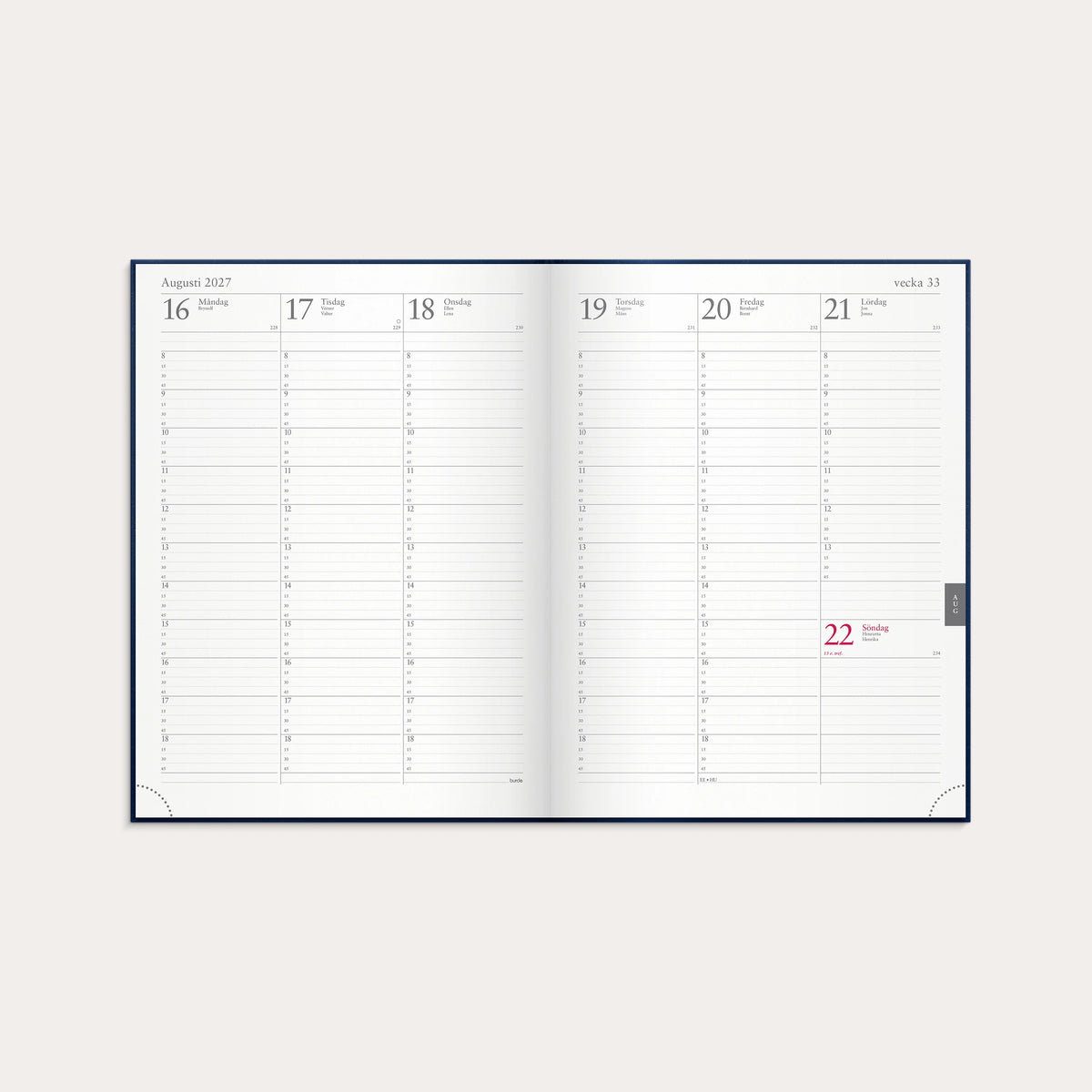Kalender 2027 Veckojournal blått konstläder