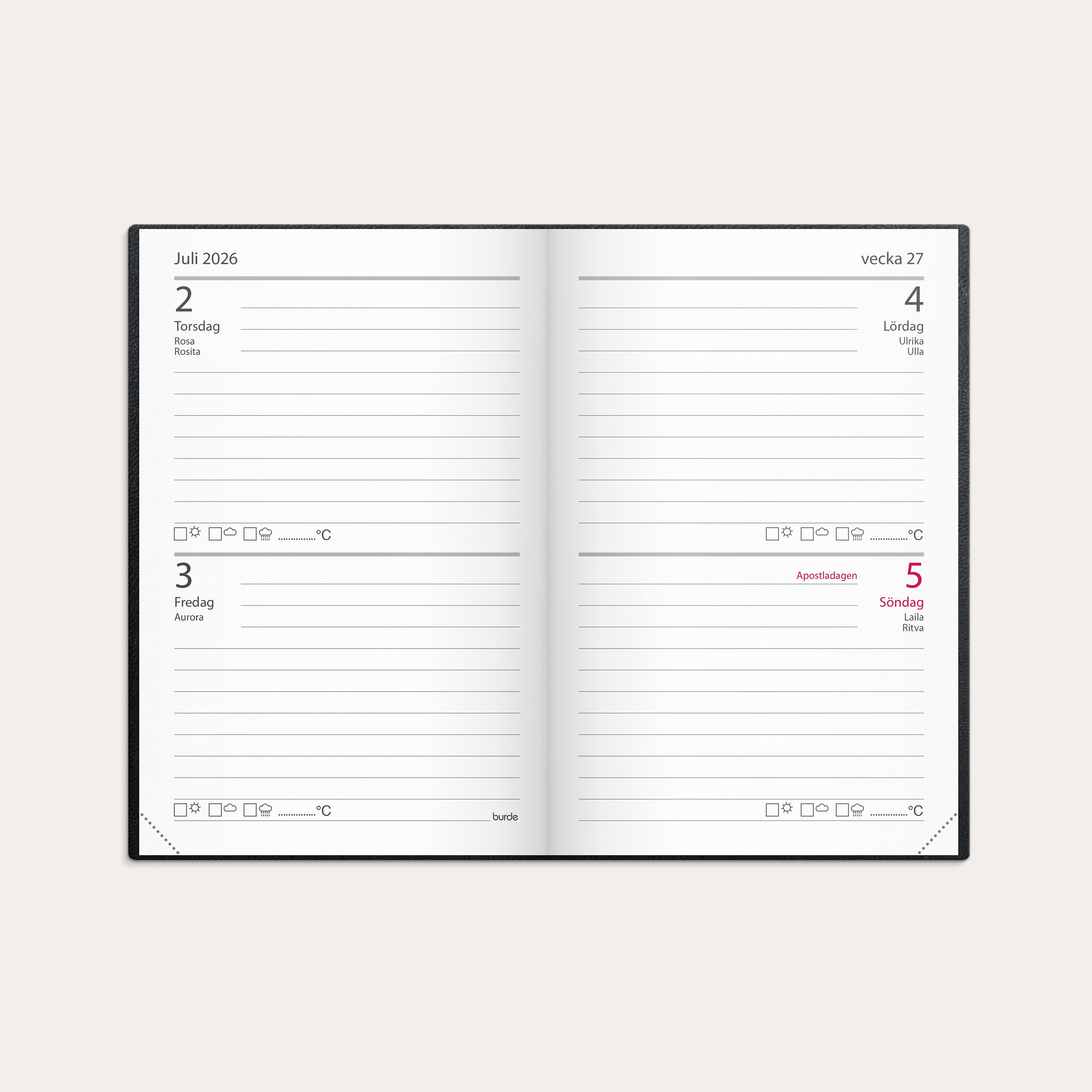 Kalender 2026 Stora Fick svart konstläder