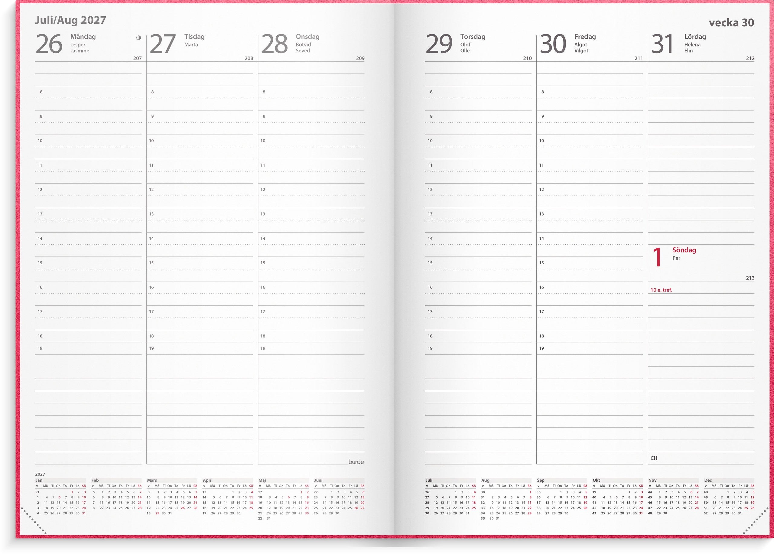 Kalender 2027 Weekly A5 rosa konstläder