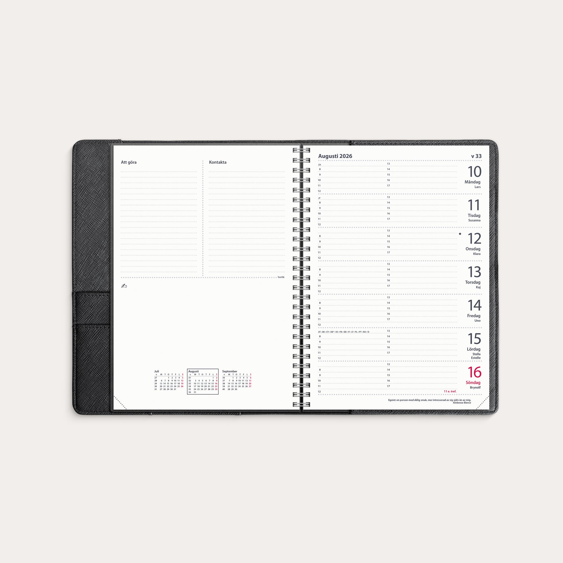 Kalender 2026 Diplomat svart konstläder Tora – detail view