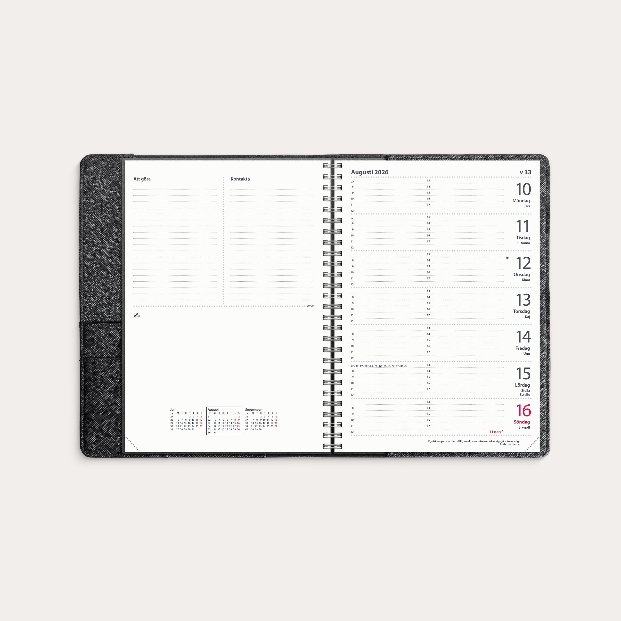 Kalender 2026 Diplomat svart konstläder Tora – detail view