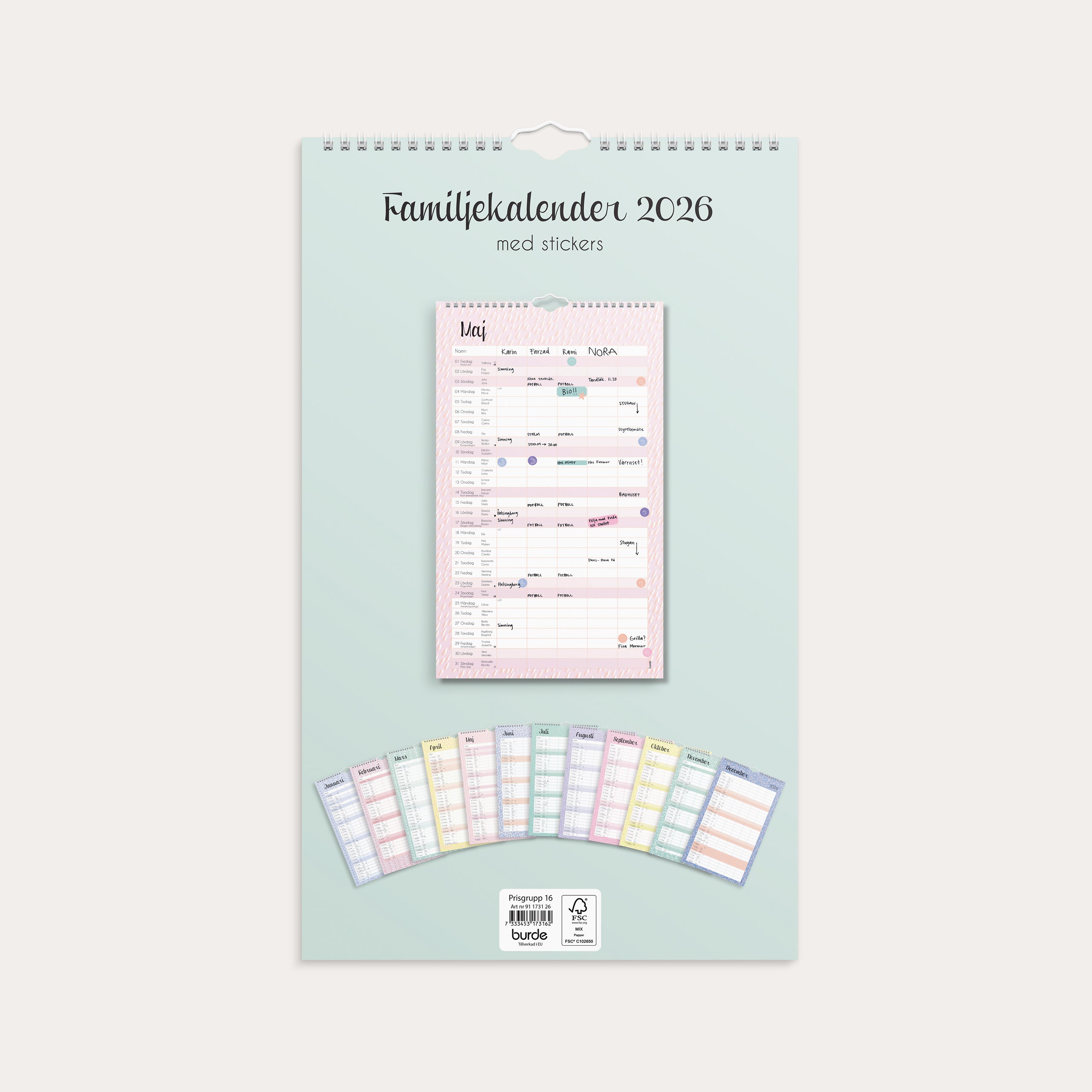 Familjekalender 2026 Pastell stickers