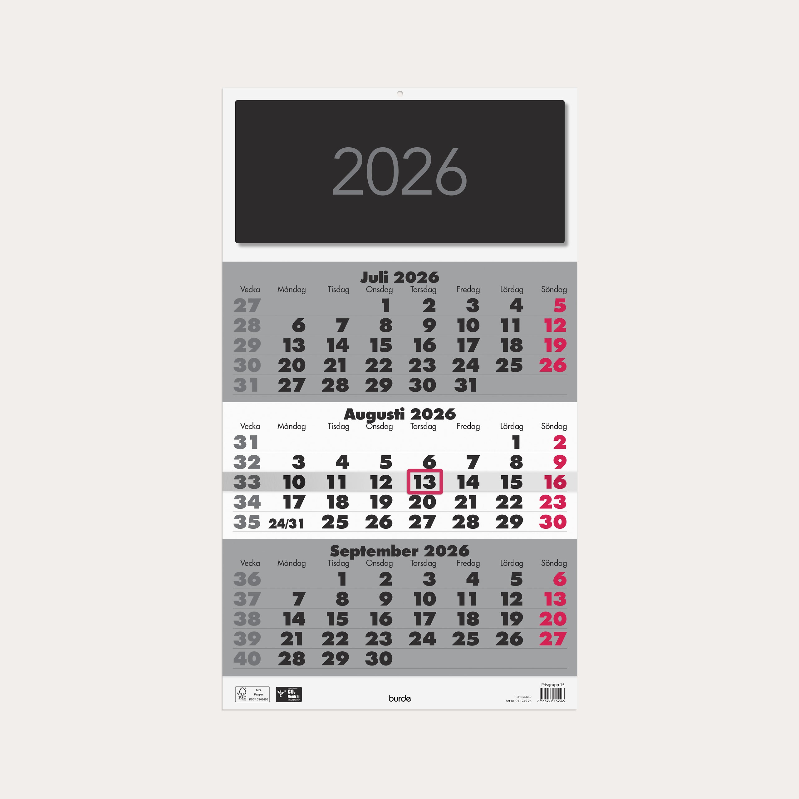 Väggkalender 2026 Triplaner Elegant