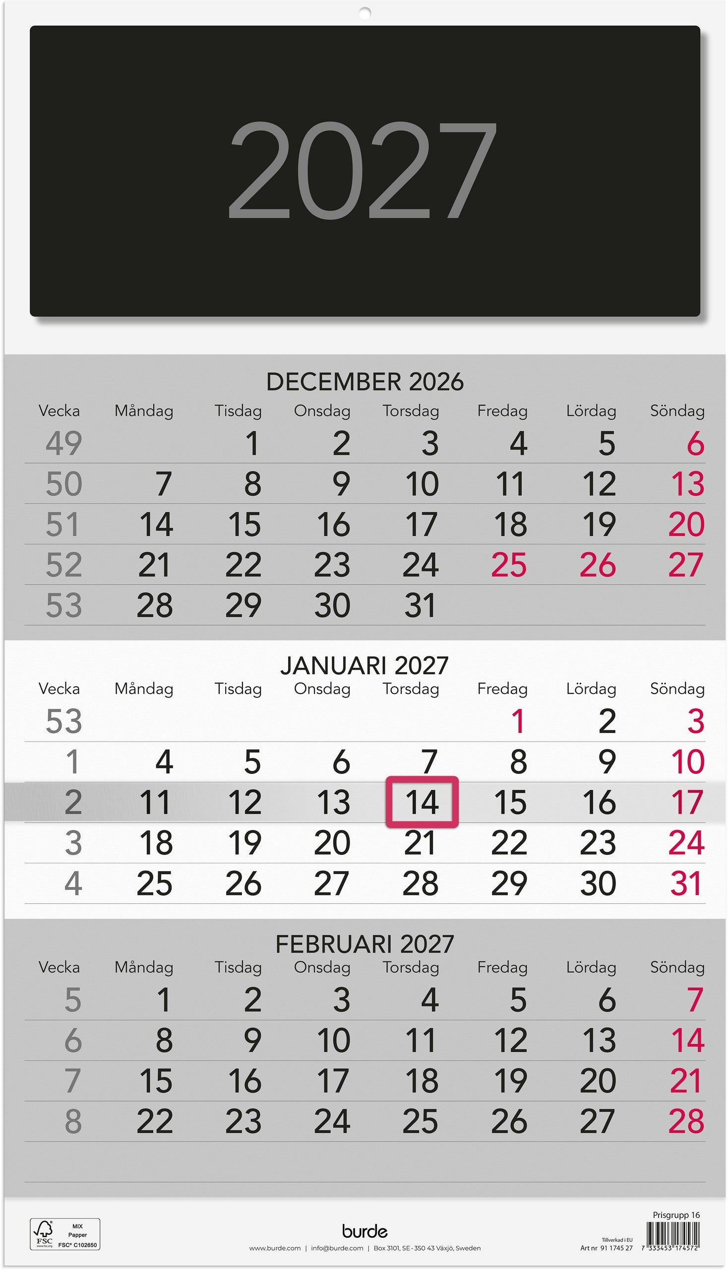 Väggkalender 2027 Triplaner Elegant