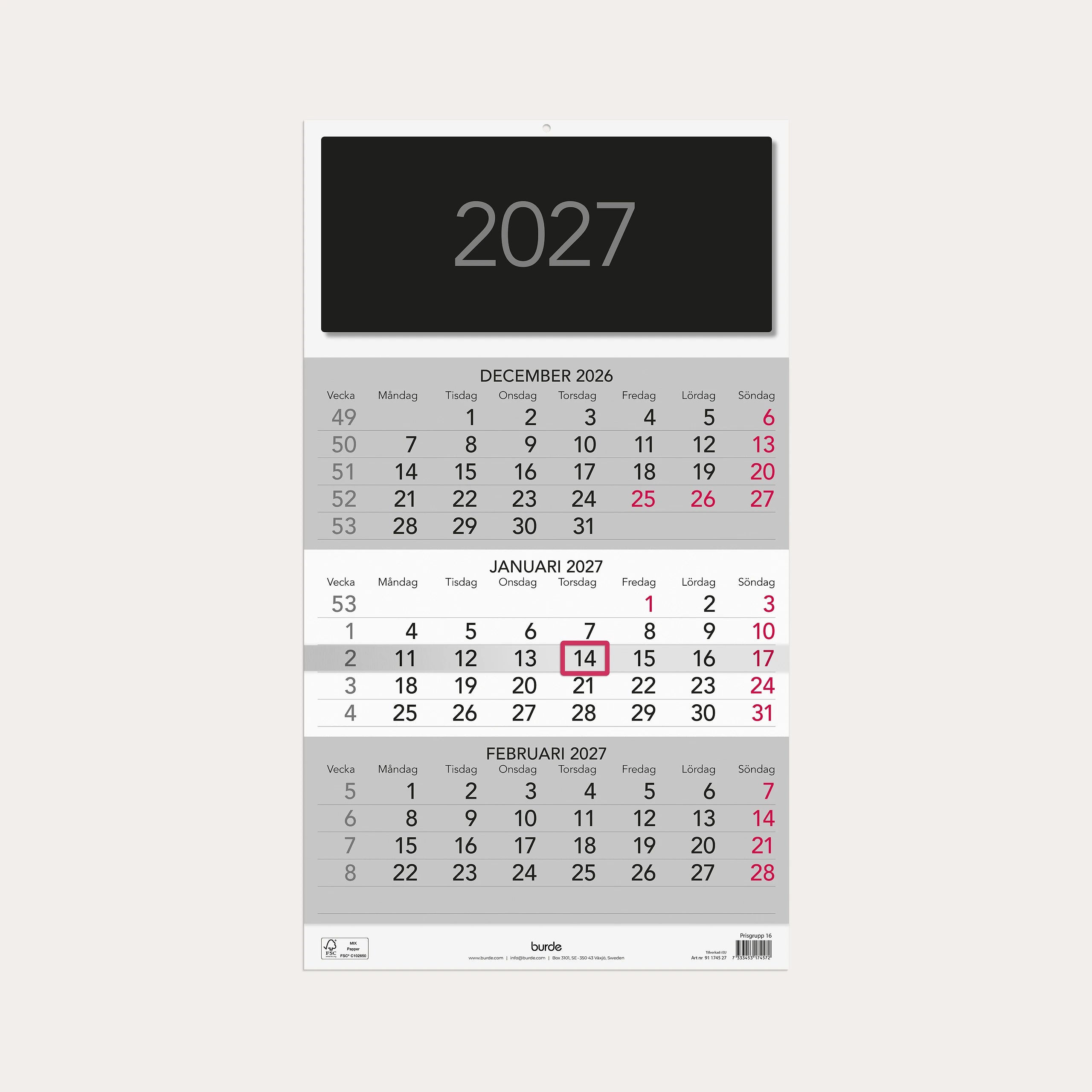 Väggkalender 2027 Triplaner Elegant
