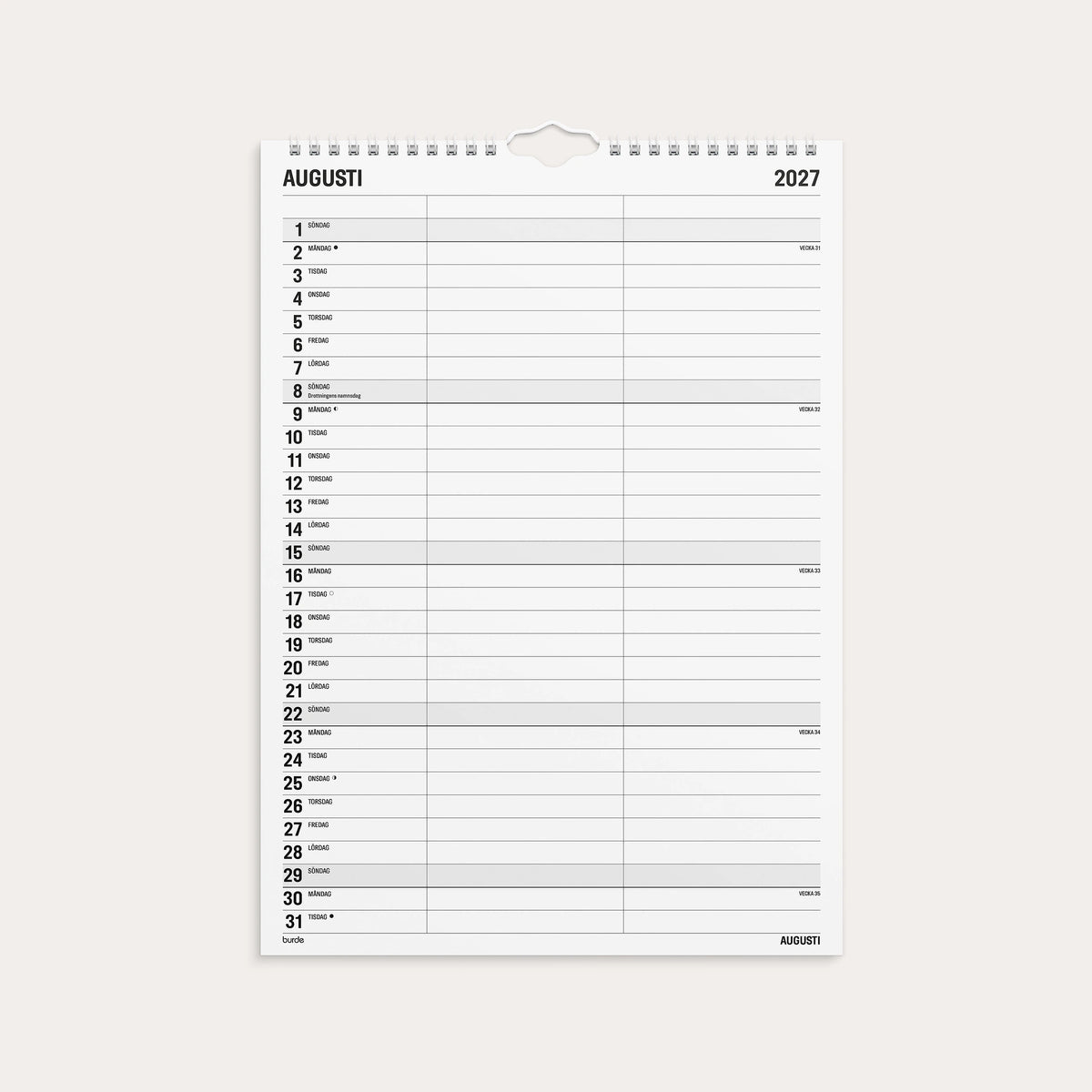 Familjekalender 2027 Black and white 2 kolumner
