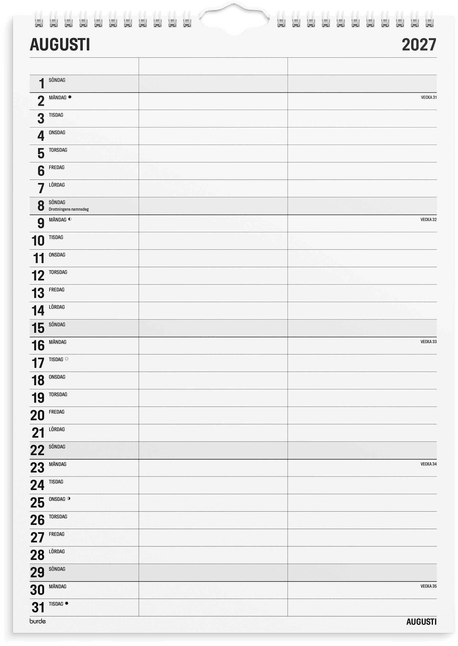 Familjekalender 2027 Black and white 2 kolumner