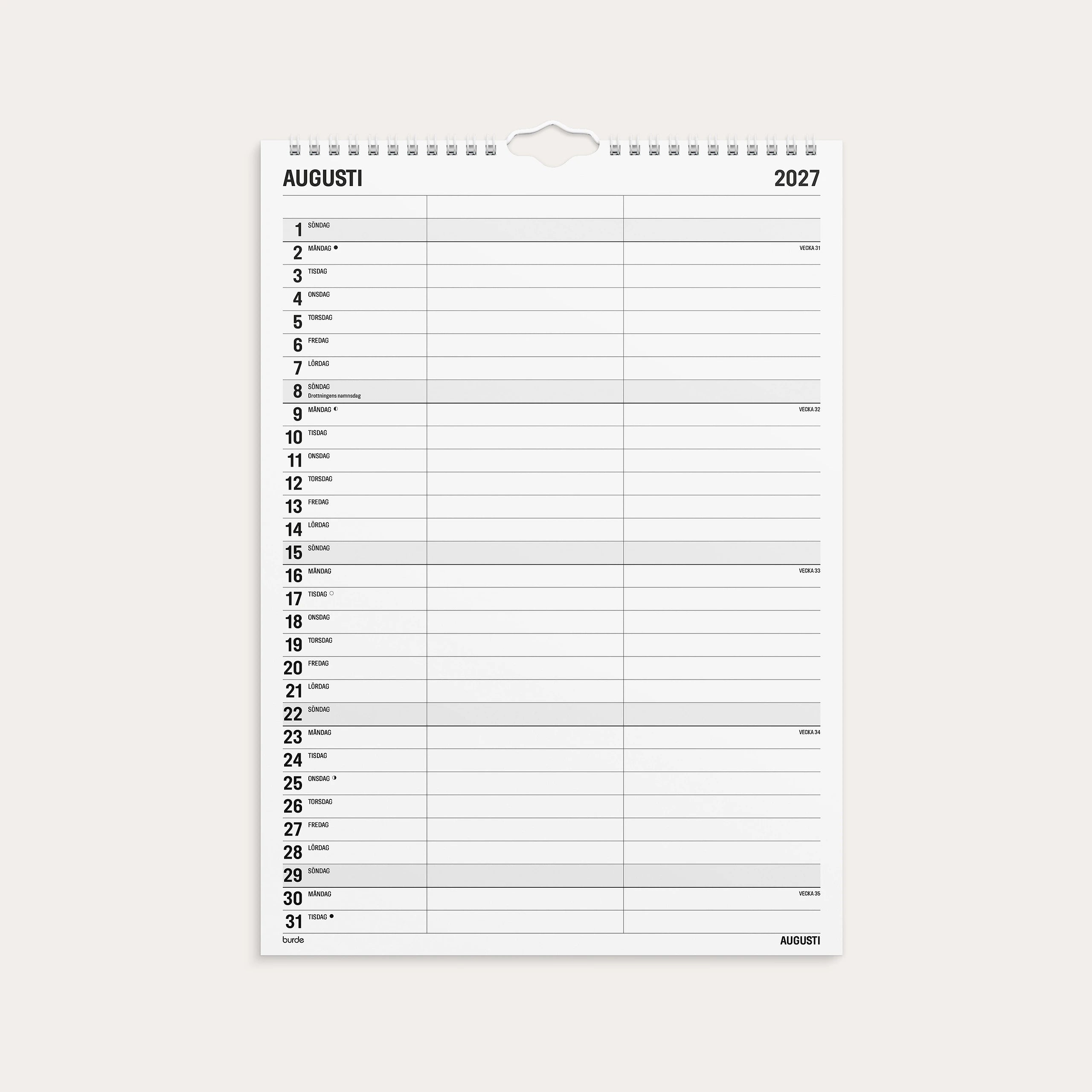 Familjekalender 2027 Black and white 2 kolumner