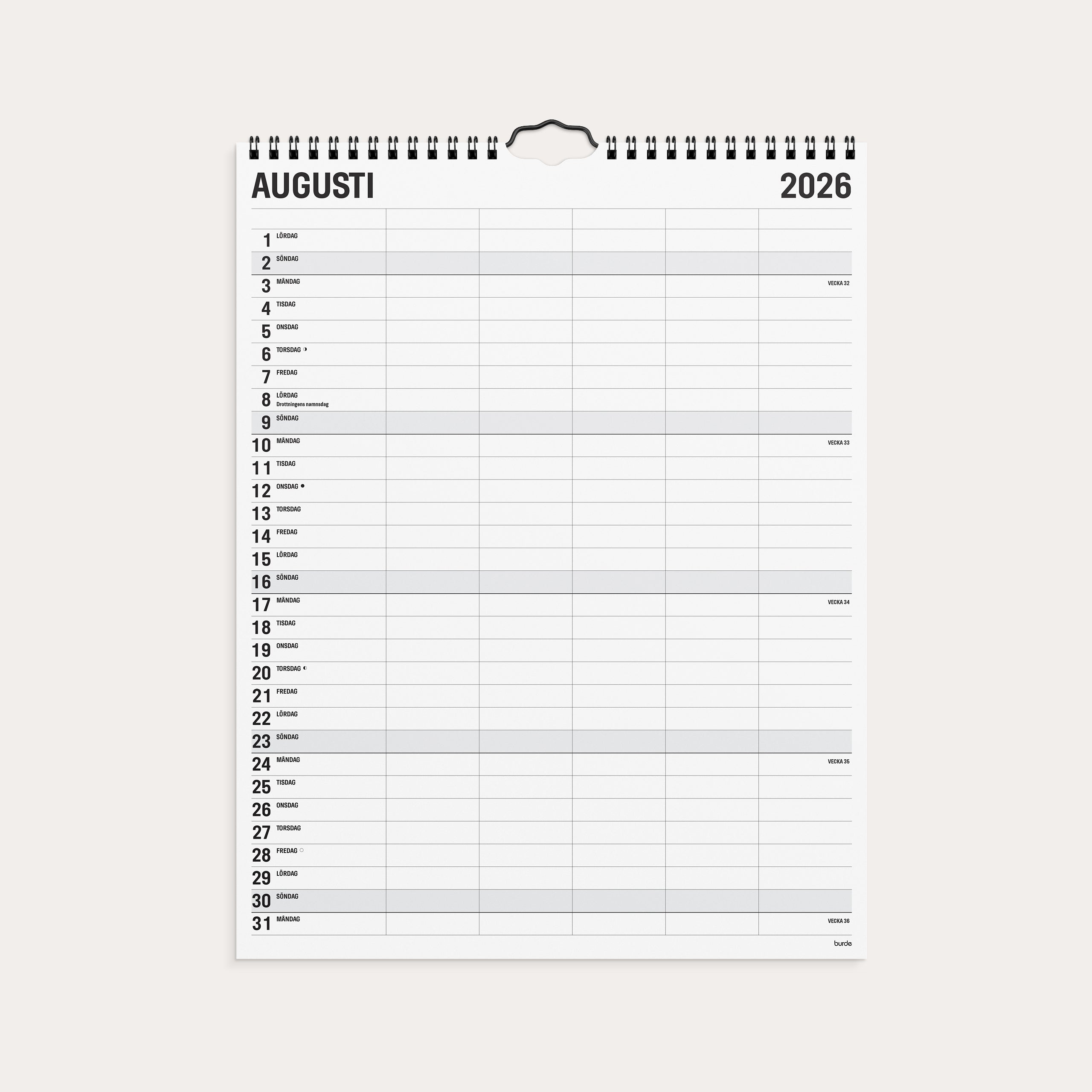 Familjekalender 2026 Black and white 5 kolumner