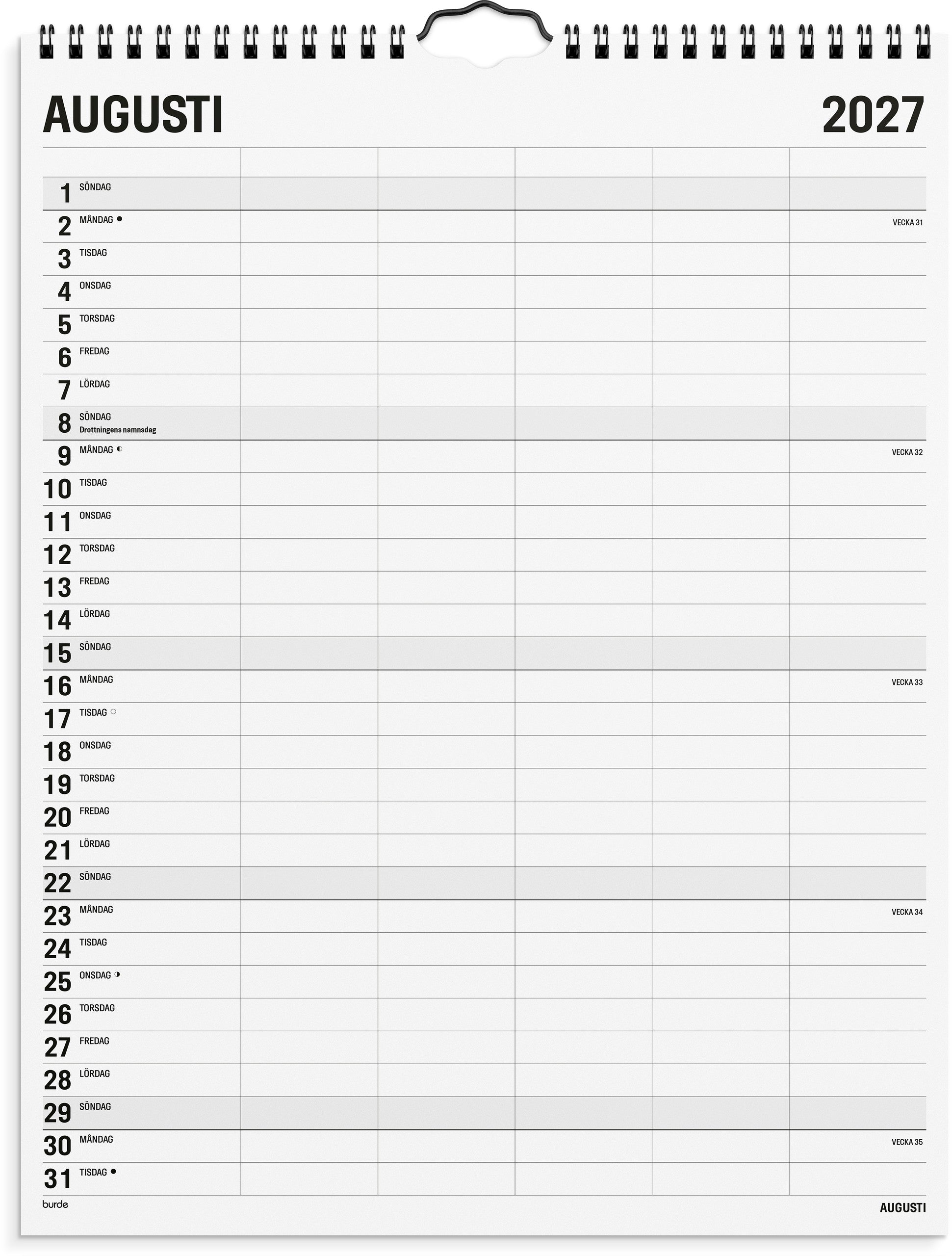 Familjekalender 2027 Black and white 5 kolumner