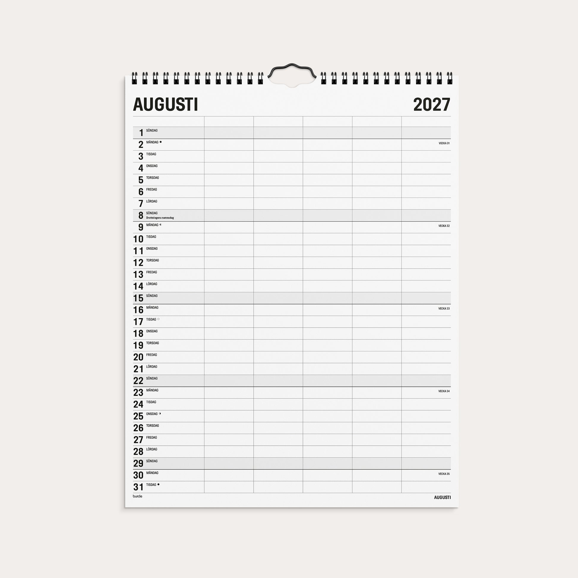 Familjekalender 2027 Black and white 5 kolumner – detail view