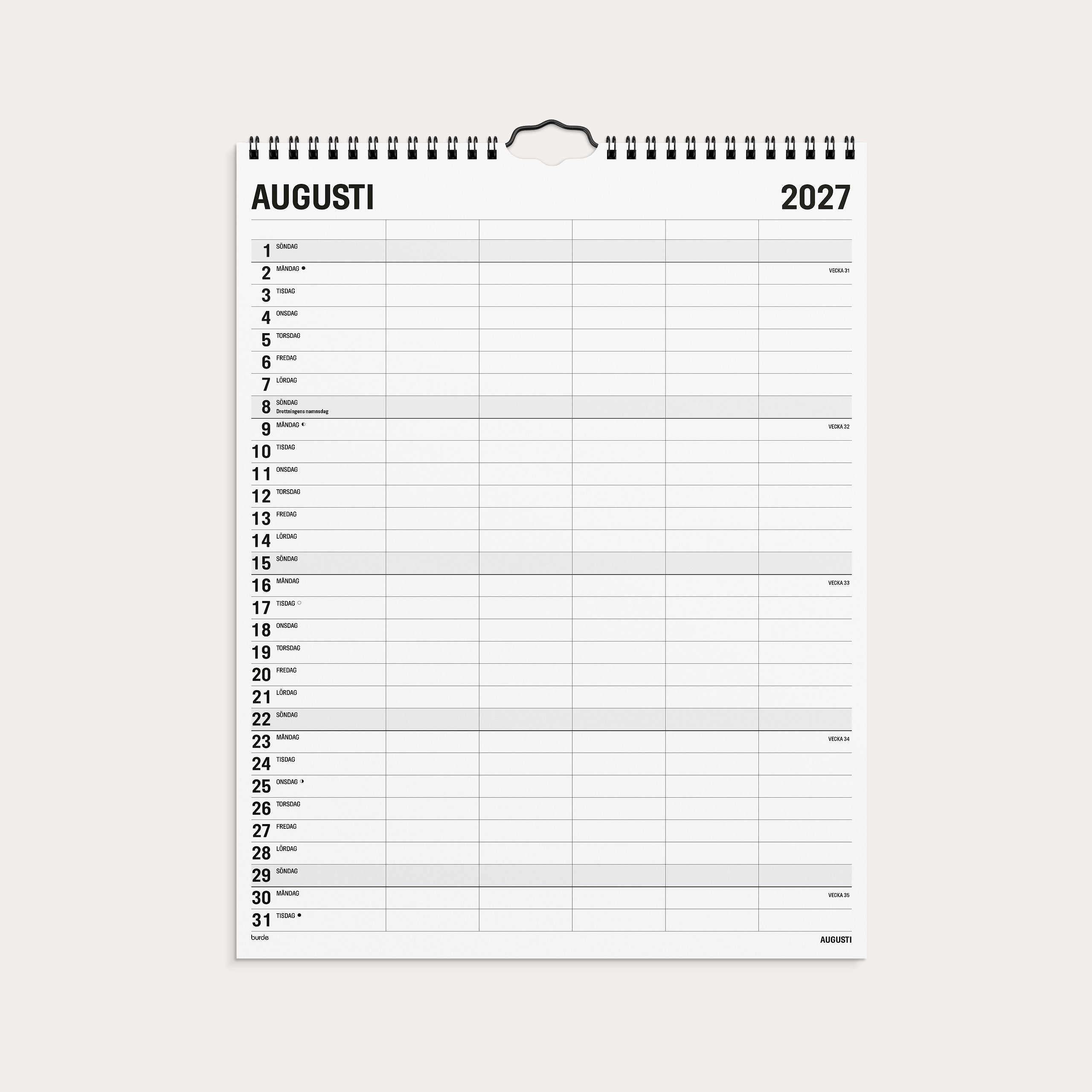 Familjekalender 2027 Black and white 5 kolumner – detail view