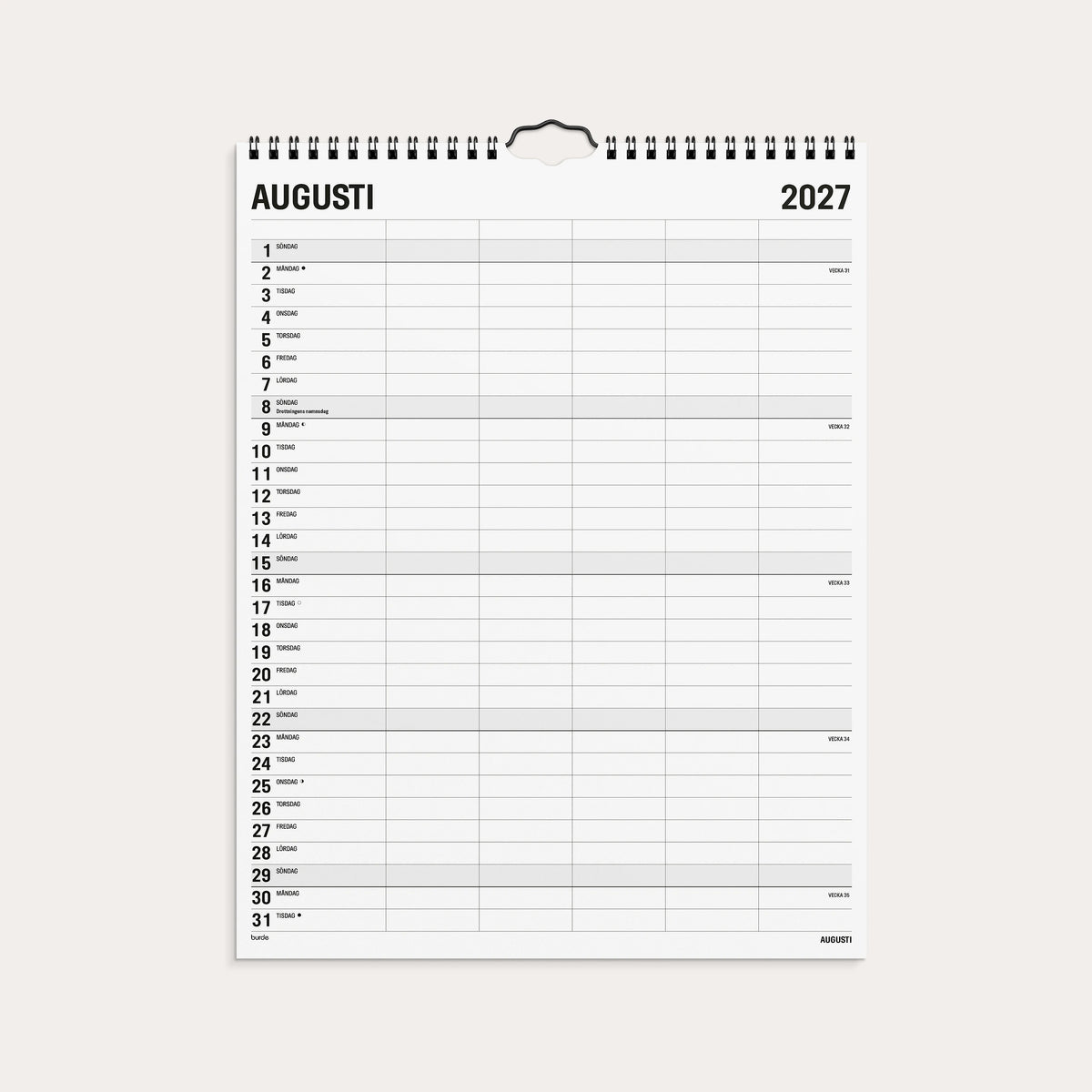 Familjekalender 2027 Black and white 5 kolumner