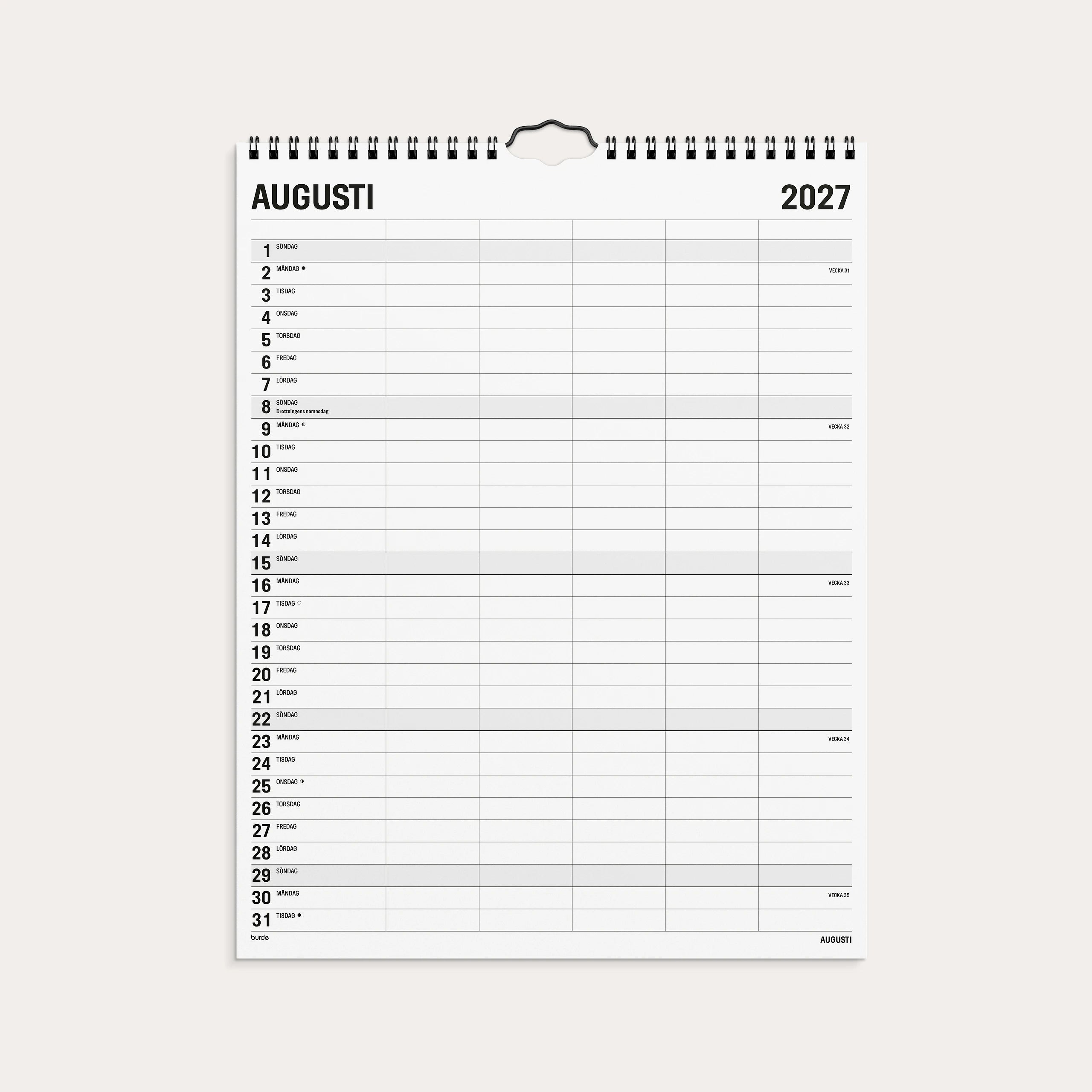 Familjekalender 2027 Black and white 5 kolumner