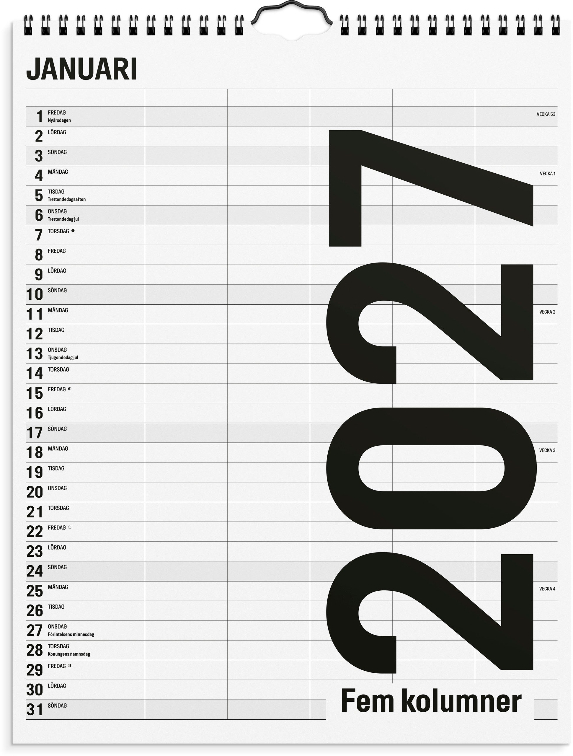 Familjekalender 2027 Black and white 5 kolumner