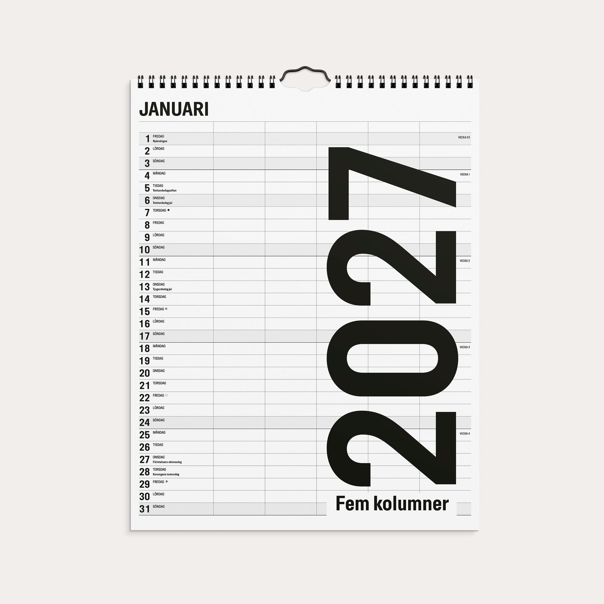 Familjekalender 2027 Black and white 5 kolumner