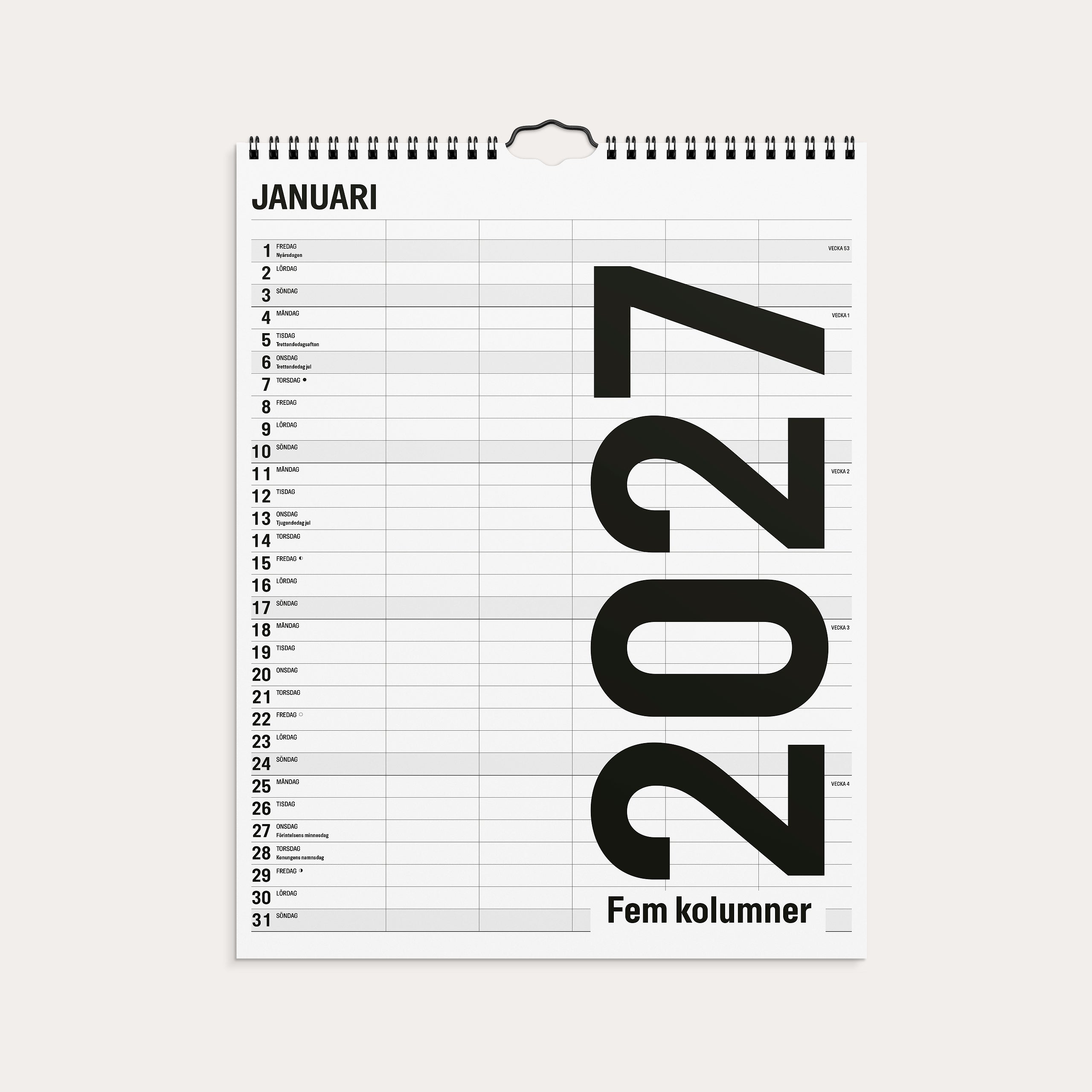 Familjekalender 2027 Black and white 5 kolumner