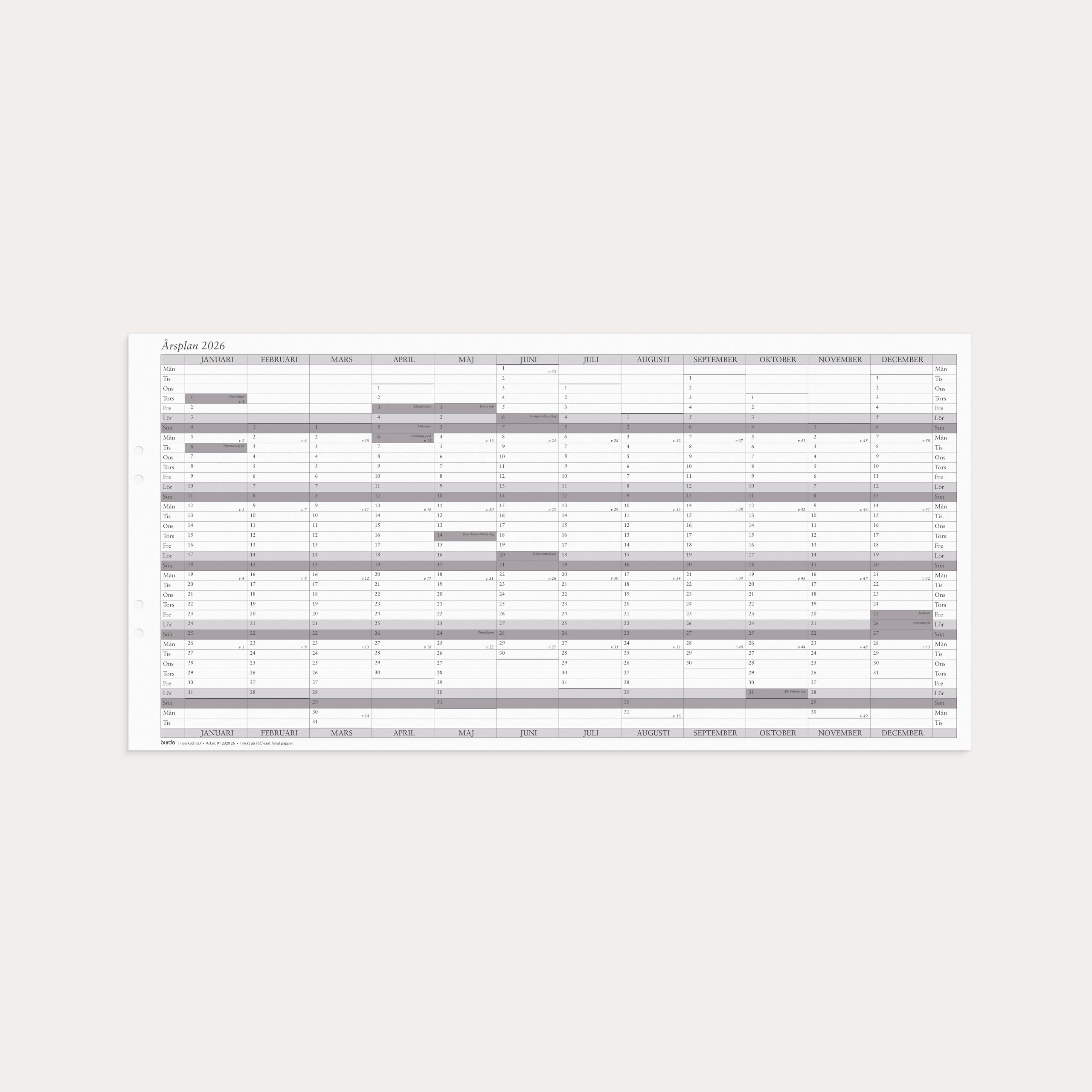 Väggkalender 2026 Årsplan 5/fp