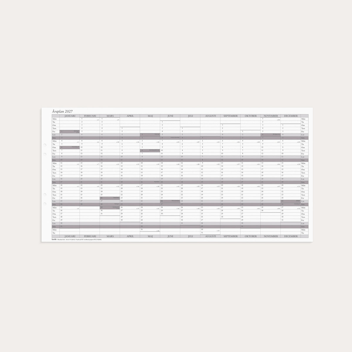 Väggkalender 2027 Årsplan 5/fp