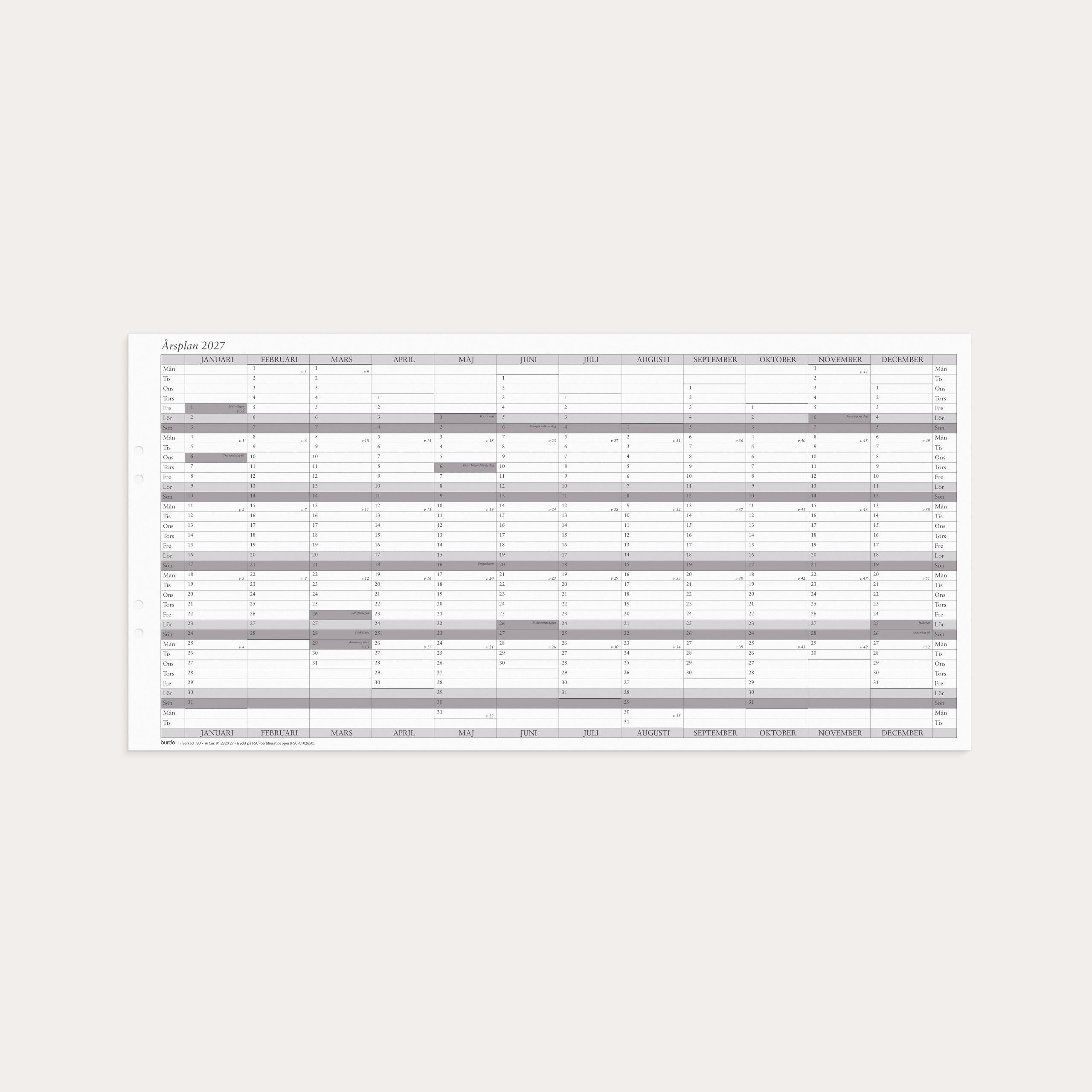 Väggkalender 2027 Årsplan 5/fp