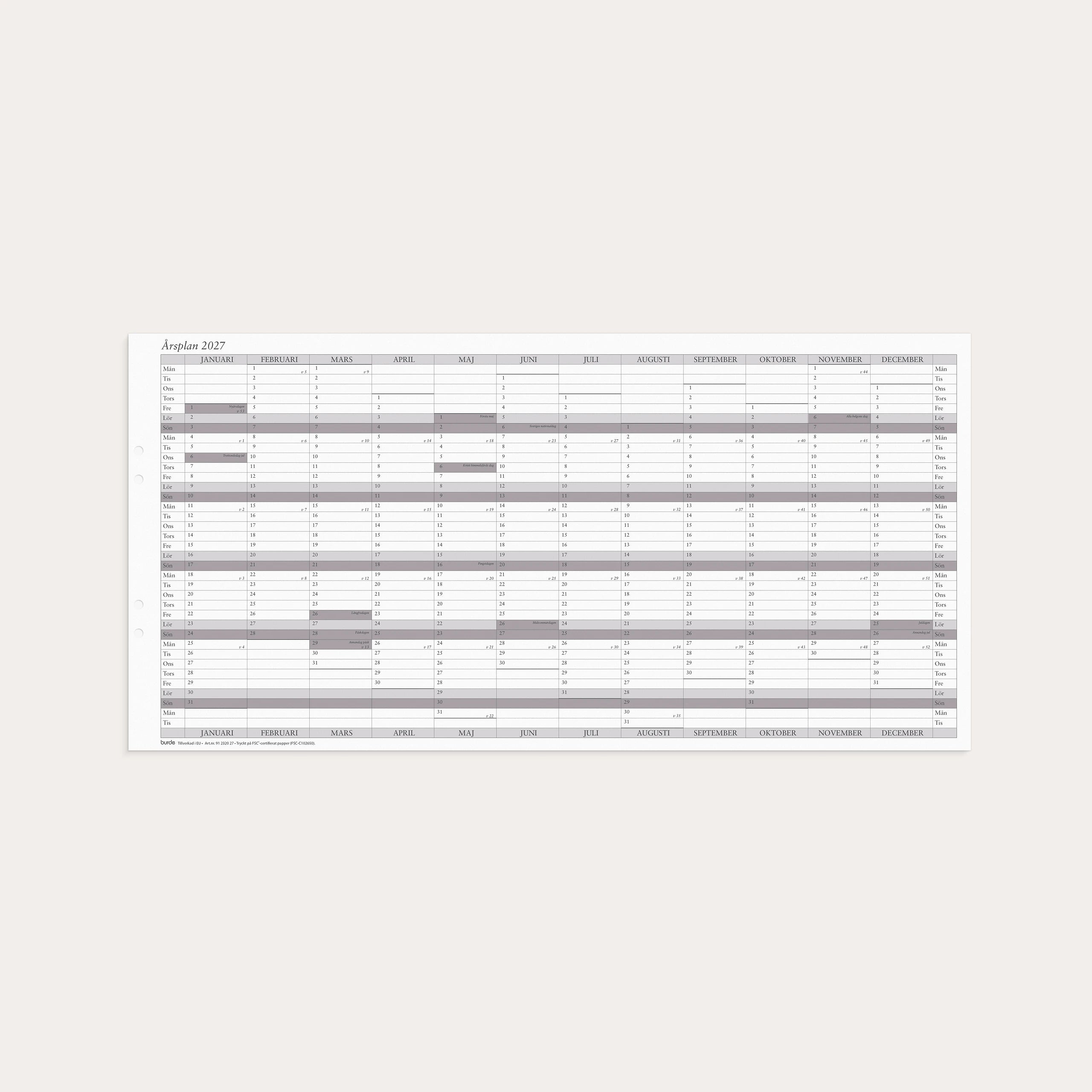 Väggkalender 2027 Årsplan 5/fp