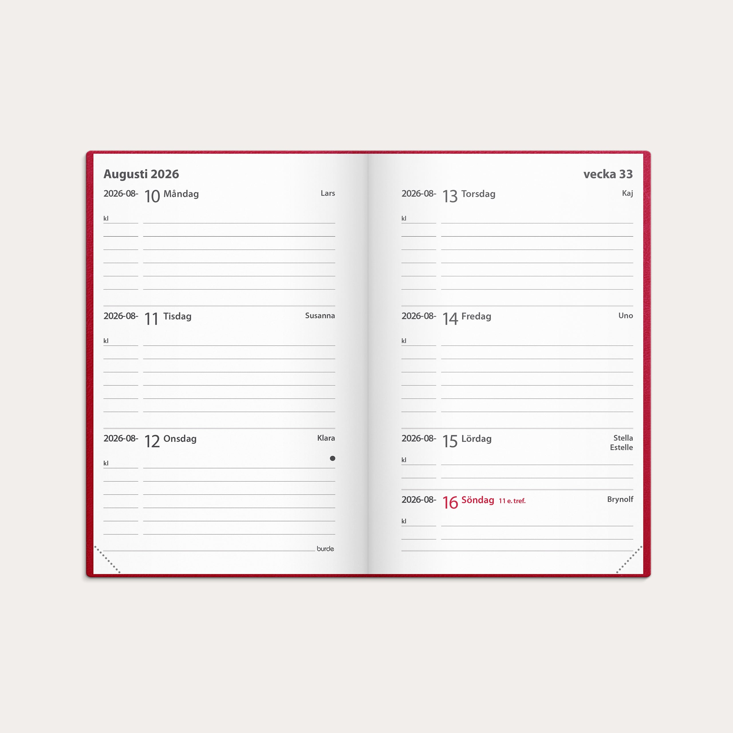 Kalender 2026 Leader rött konstläder