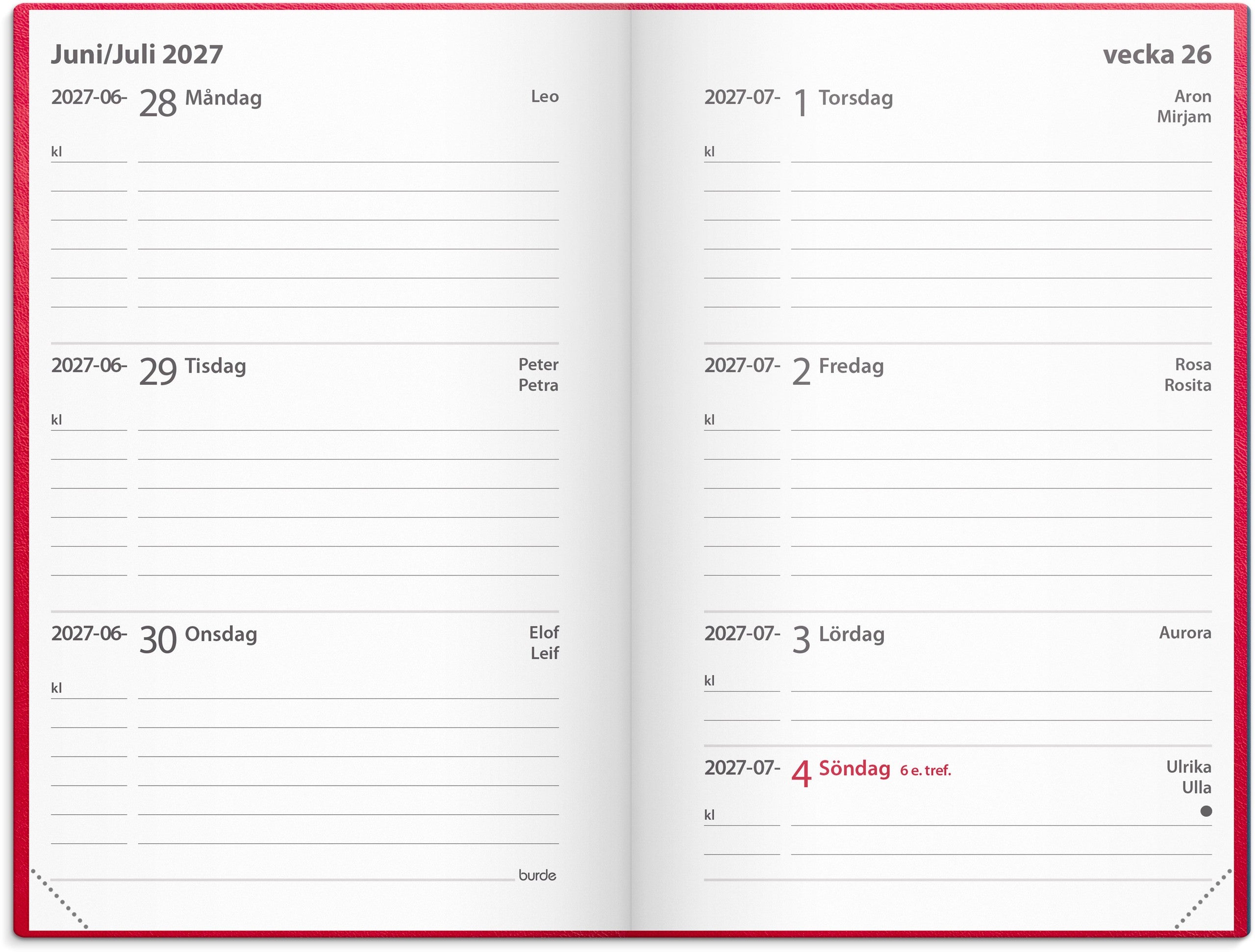 Kalender 2027 Leader rött konstläder