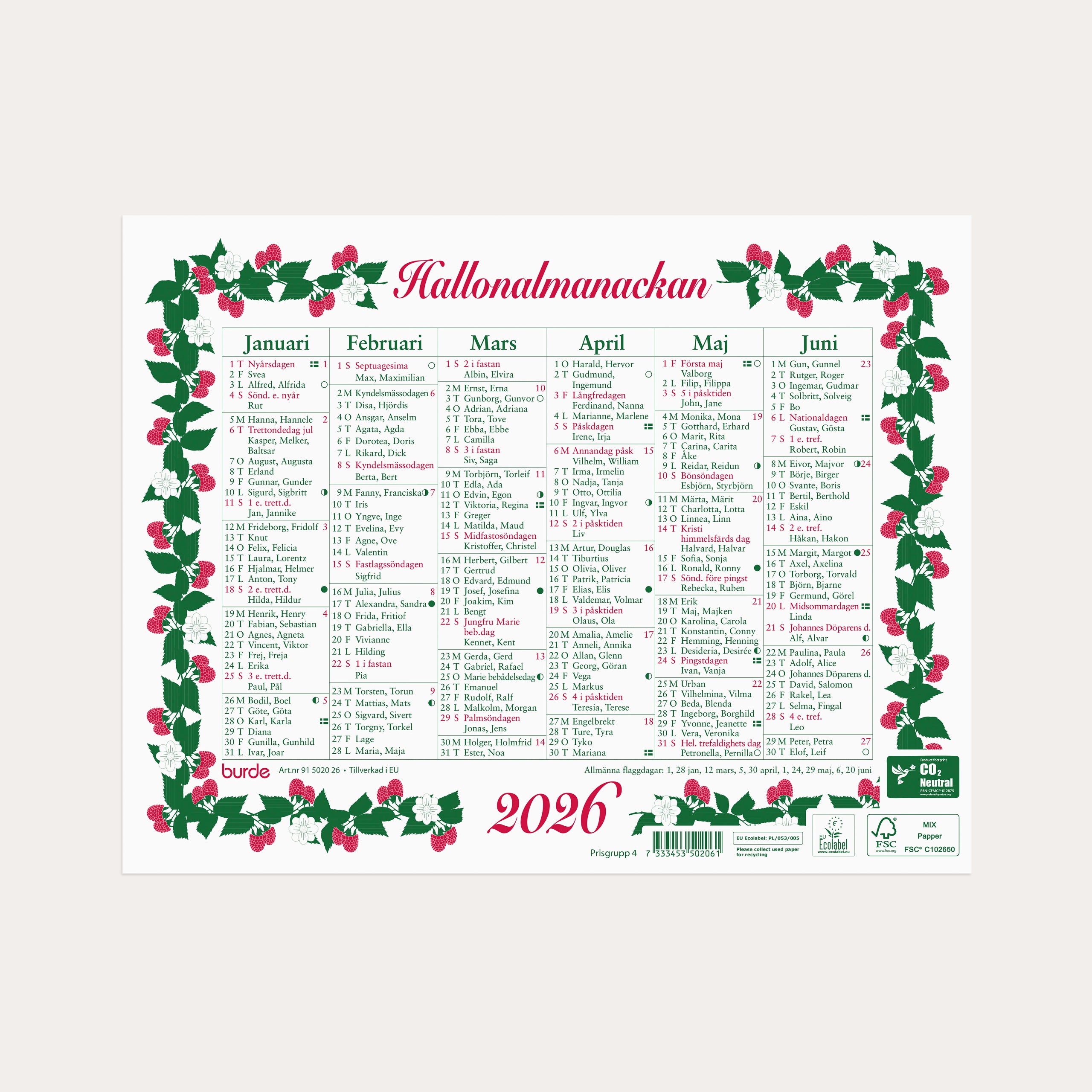 Väggkalender 2026 Lilla Hallonalmanackan