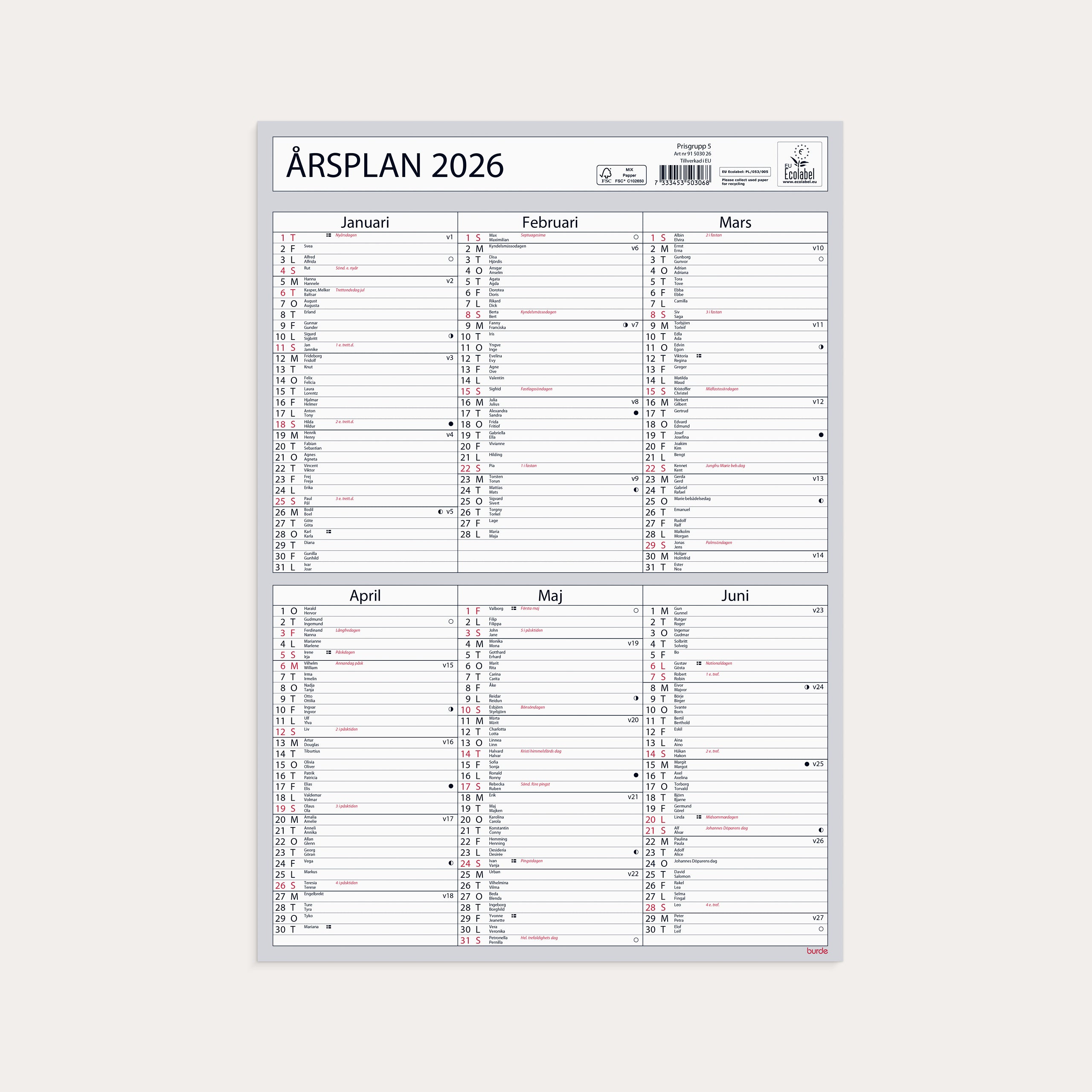 Väggkalender 2026 Årsplan