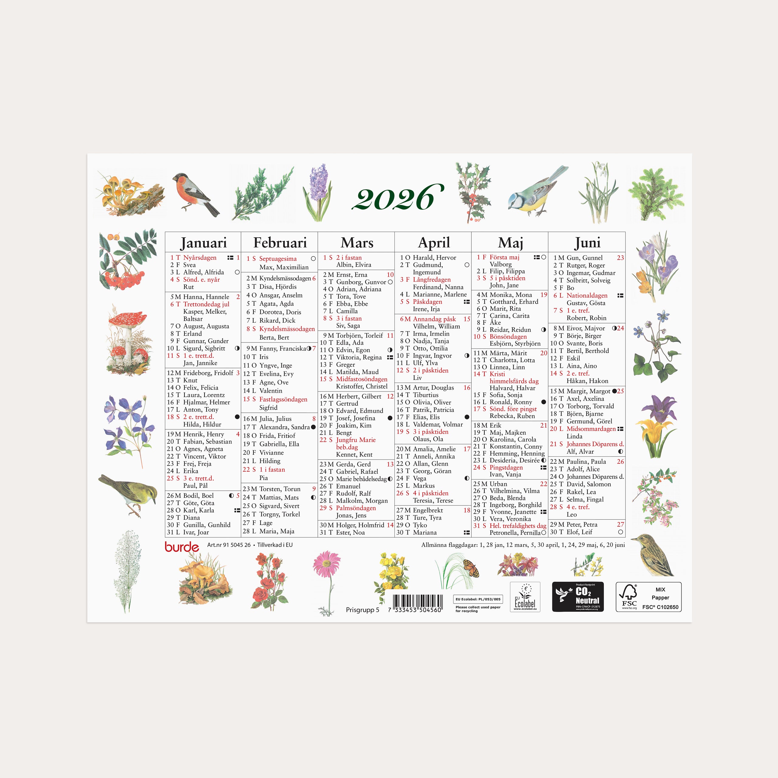 Väggkalender 2026 Lilla Naturalmanackan