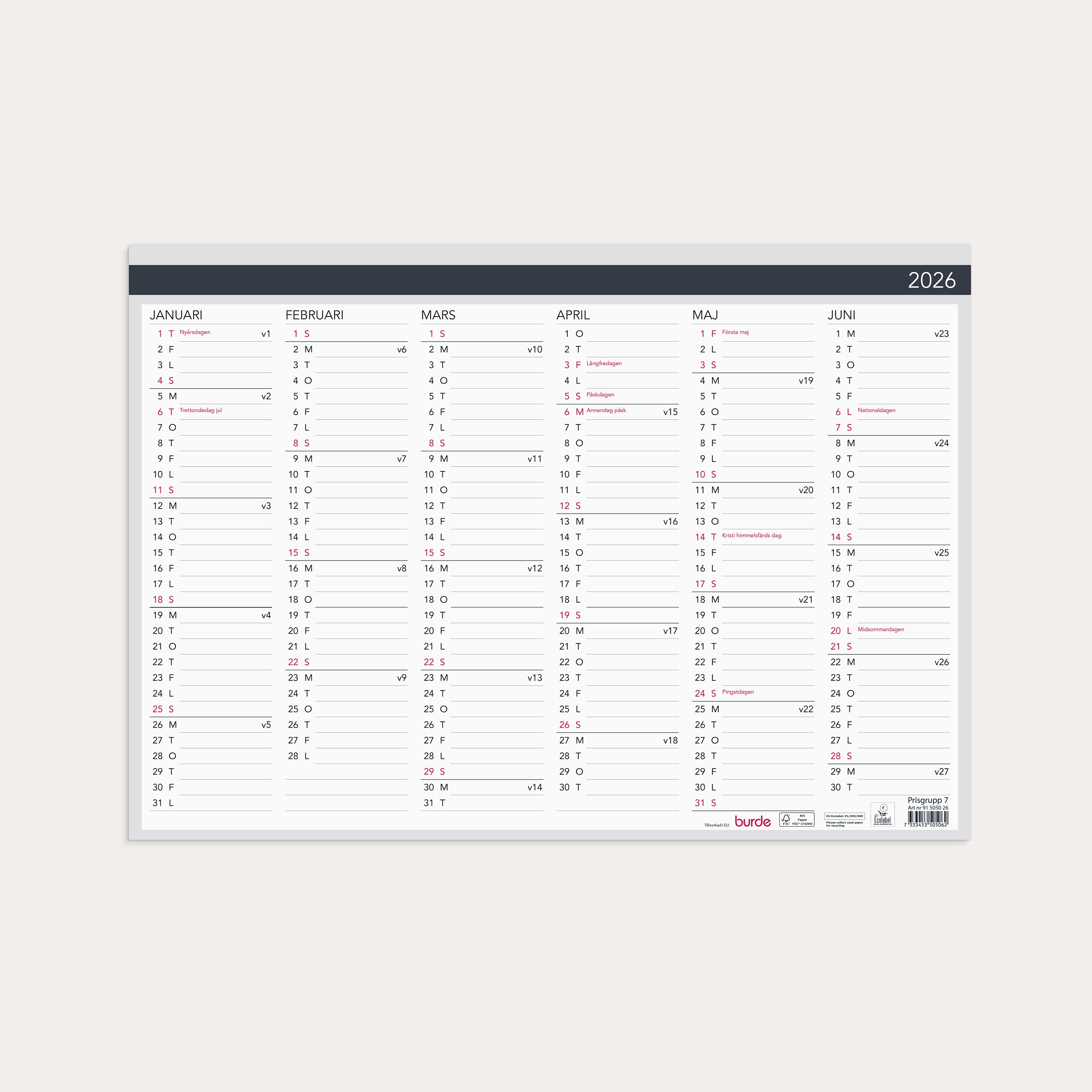 Väggkalender 2026 Väggblad Elegant 420x297mm