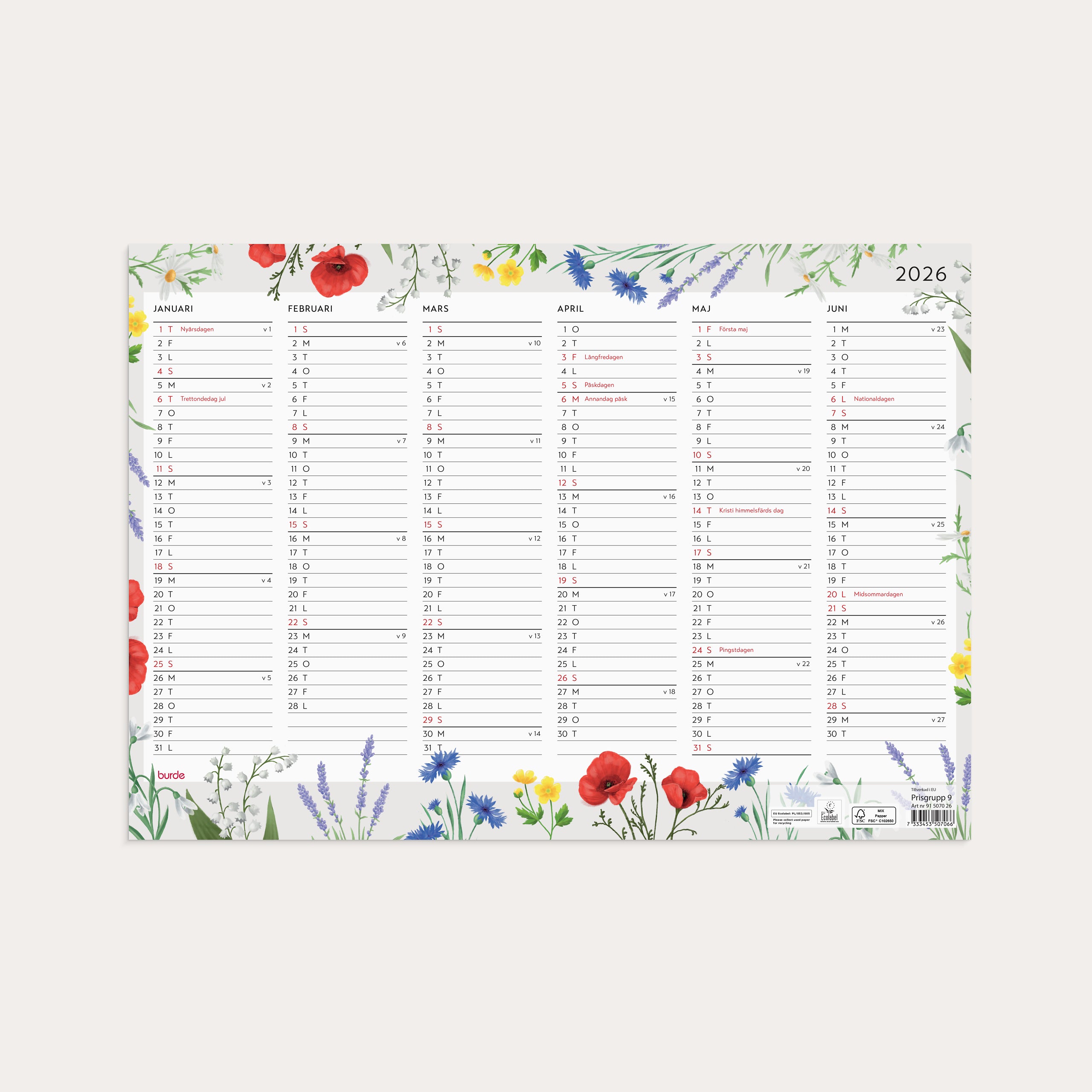 Väggkalender 2026 Väggblad Blomster