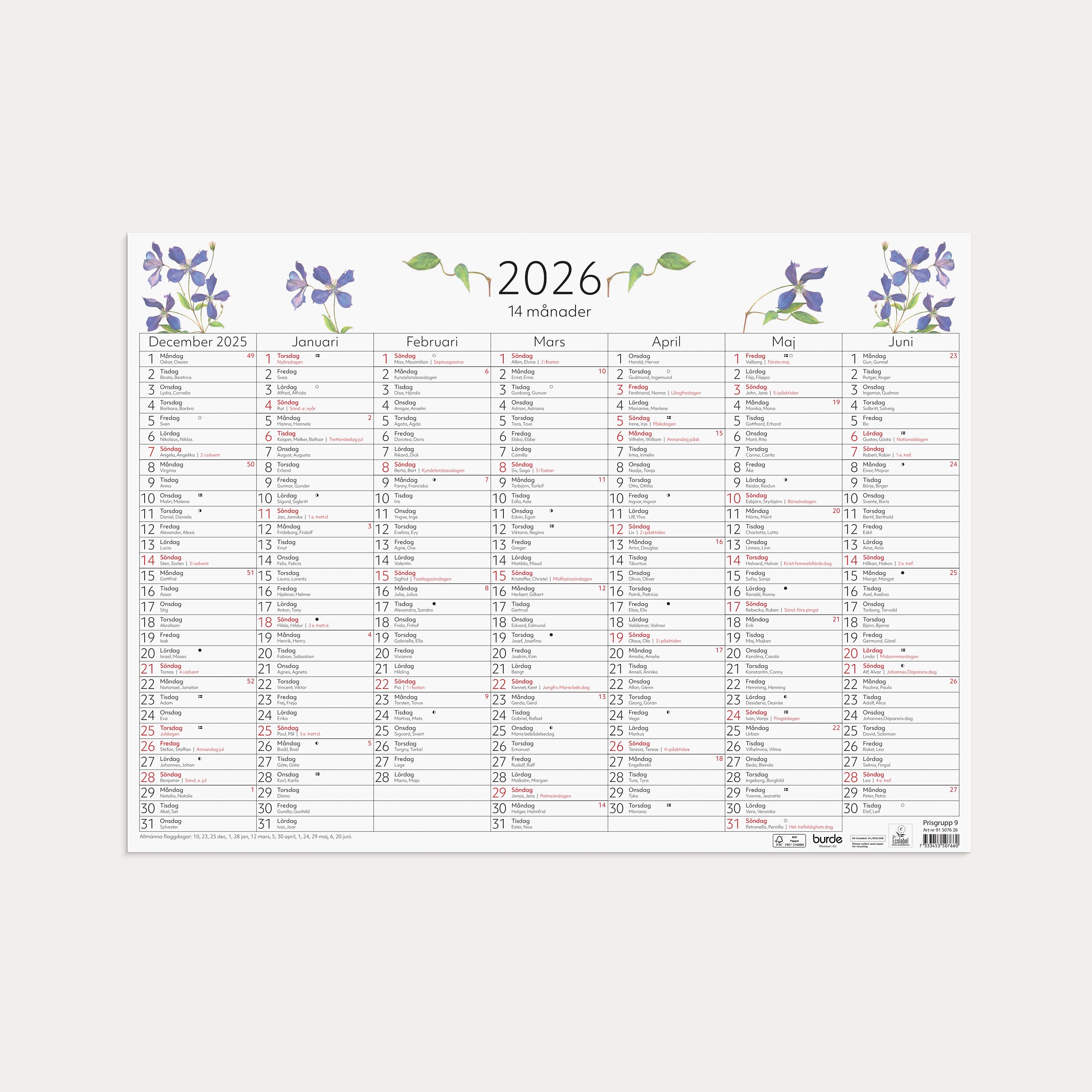 Väggkalender 2026 14-månaders väggblad