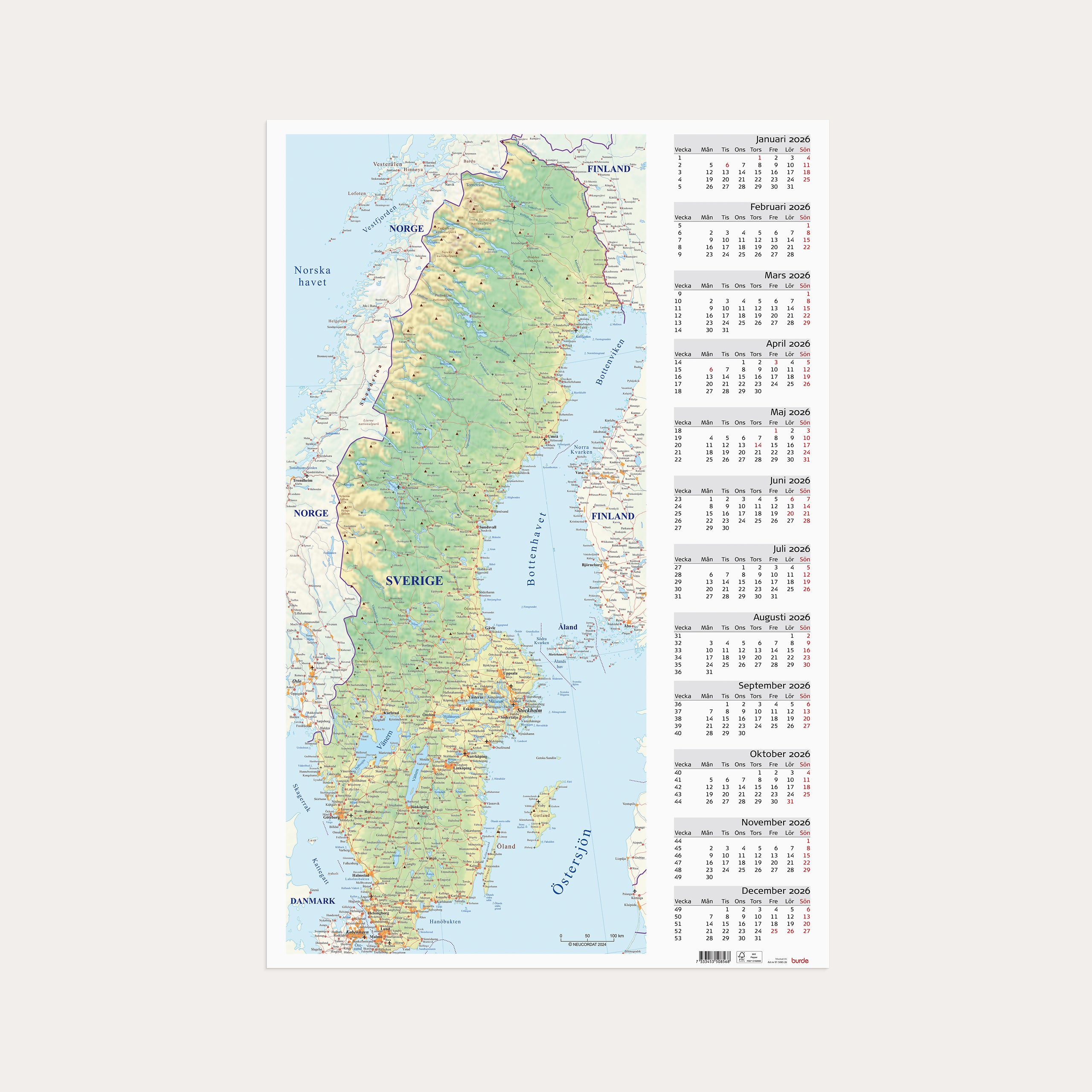 Väggkalender 2026 Väggblad Sverigekarta
