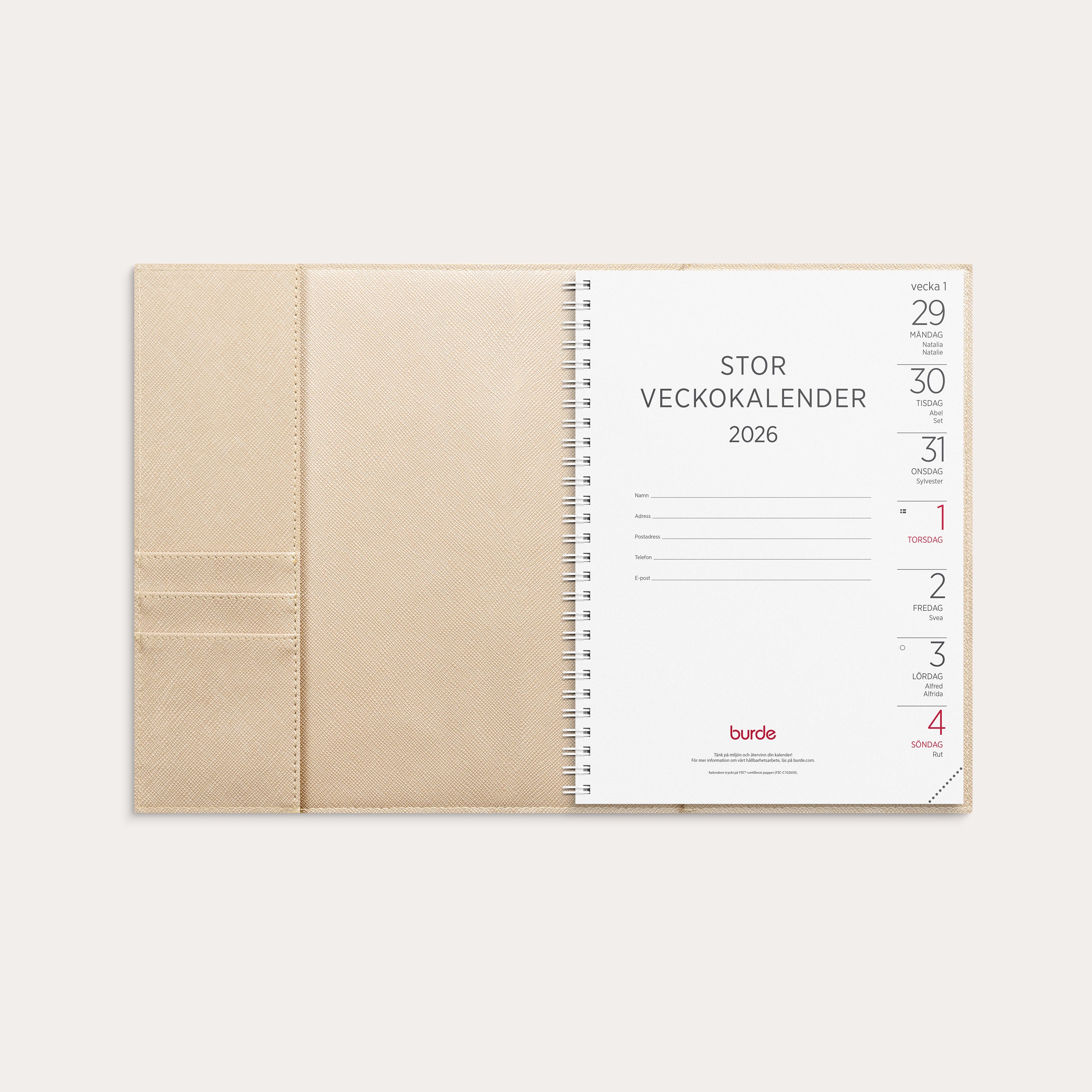 Kalender 2026 Stor Veckokalender beige konstläder Tora